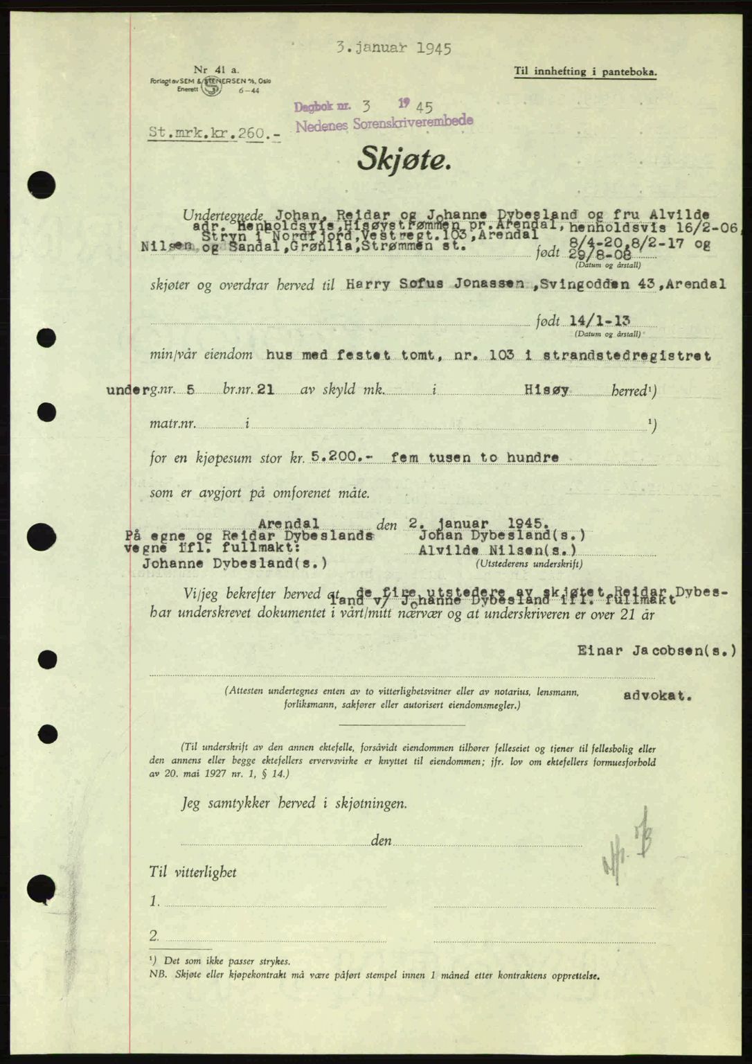 Nedenes sorenskriveri, AV/SAK-1221-0006/G/Gb/Gba/L0052: Mortgage book no. A6a, 1944-1945, Diary no: : 3/1945