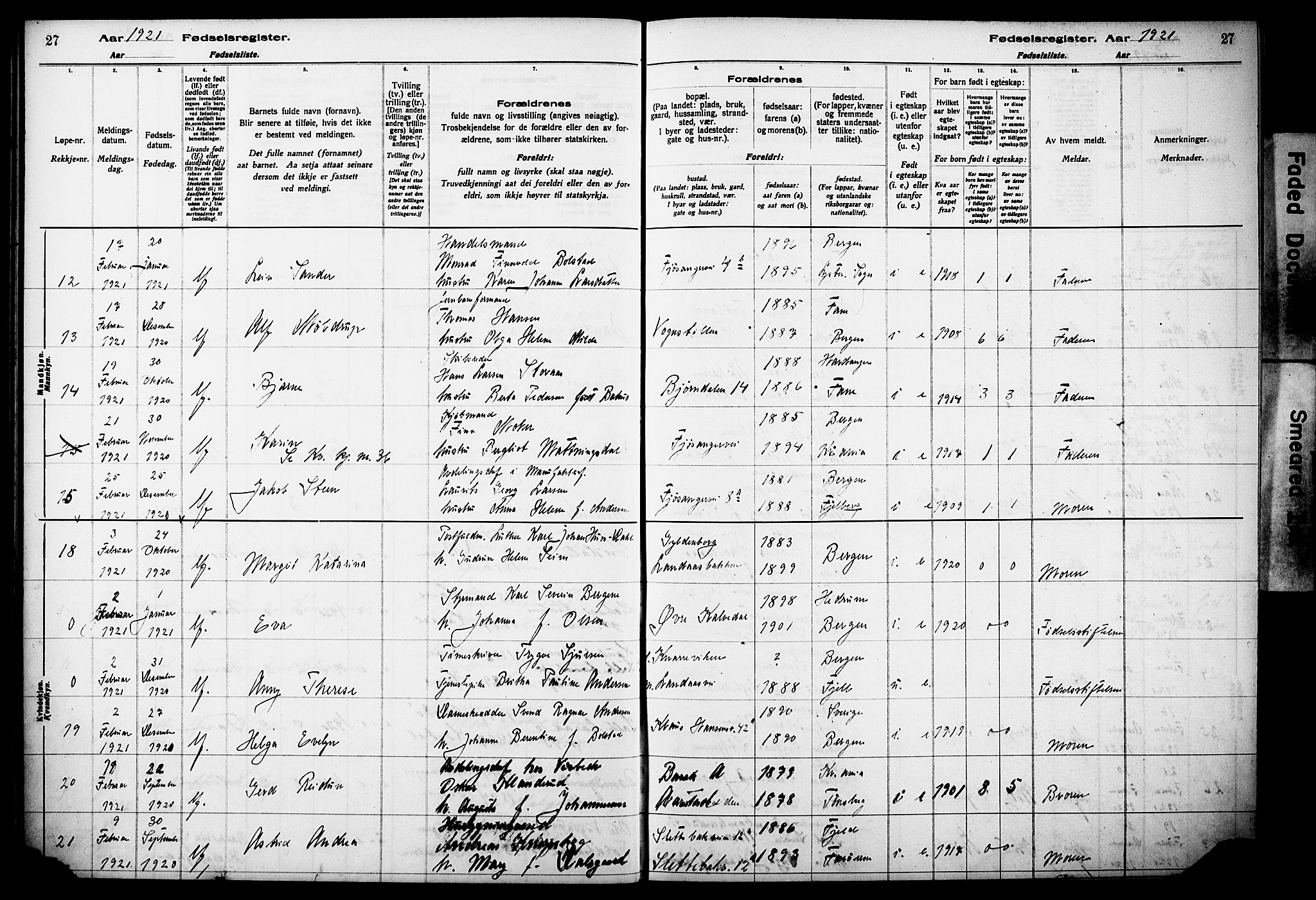 Årstad Sokneprestembete, AV/SAB-A-79301/I/Id/L0A02: Birth register no. A 2, 1920-1924, p. 27