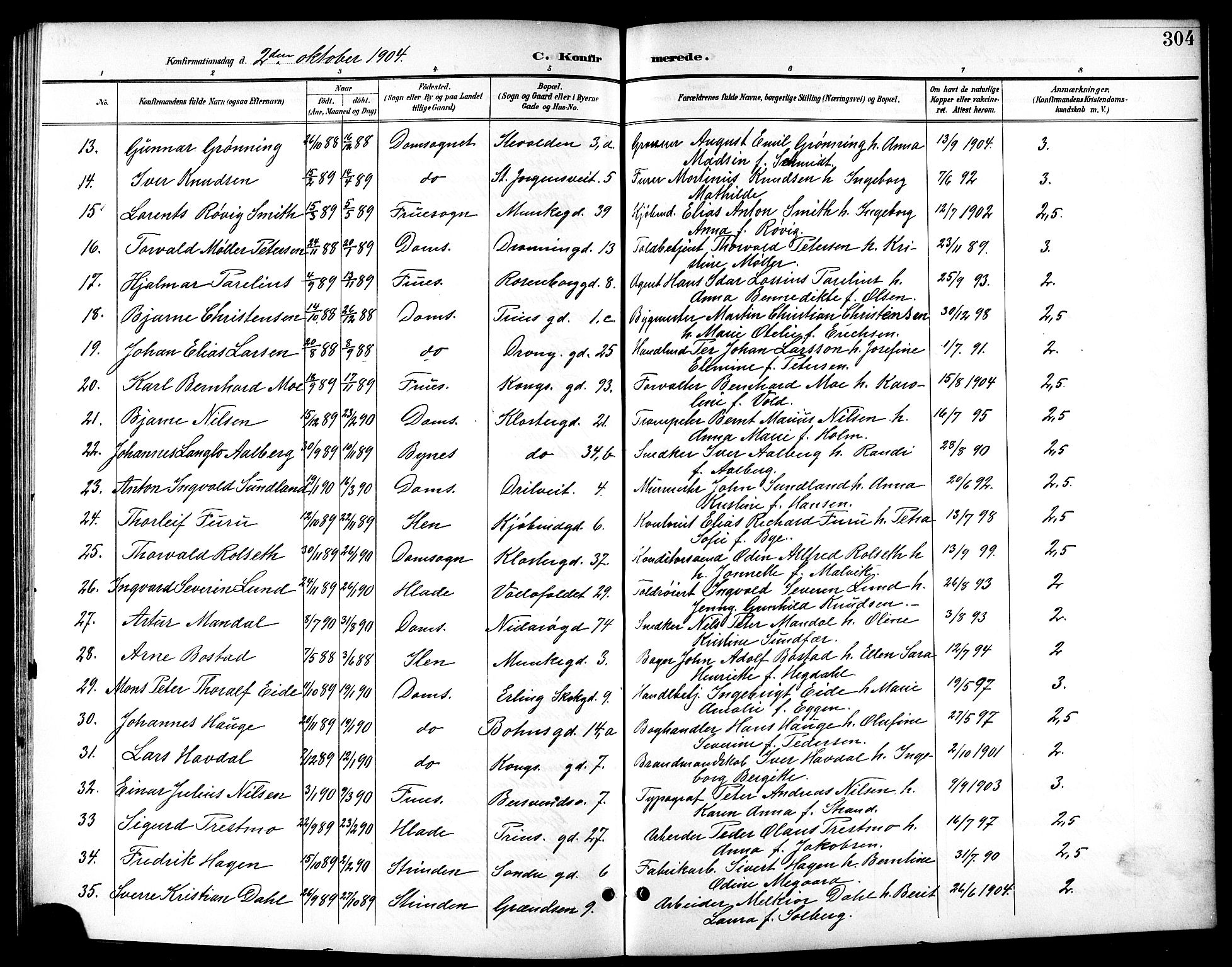 Ministerialprotokoller, klokkerbøker og fødselsregistre - Sør-Trøndelag, AV/SAT-A-1456/601/L0094: Parish register (copy) no. 601C12, 1898-1911, p. 304