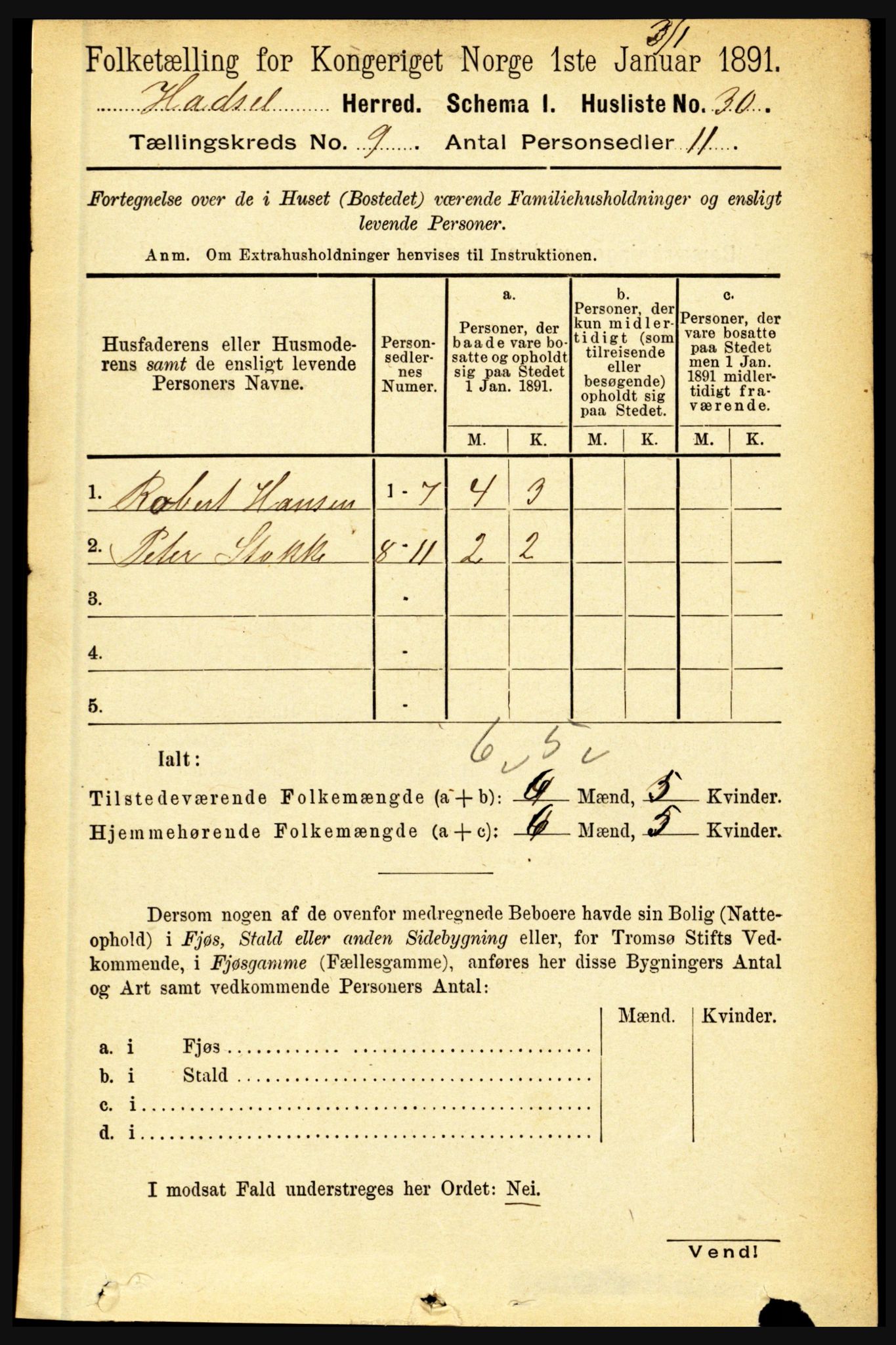 RA, 1891 census for 1866 Hadsel, 1891, p. 3914