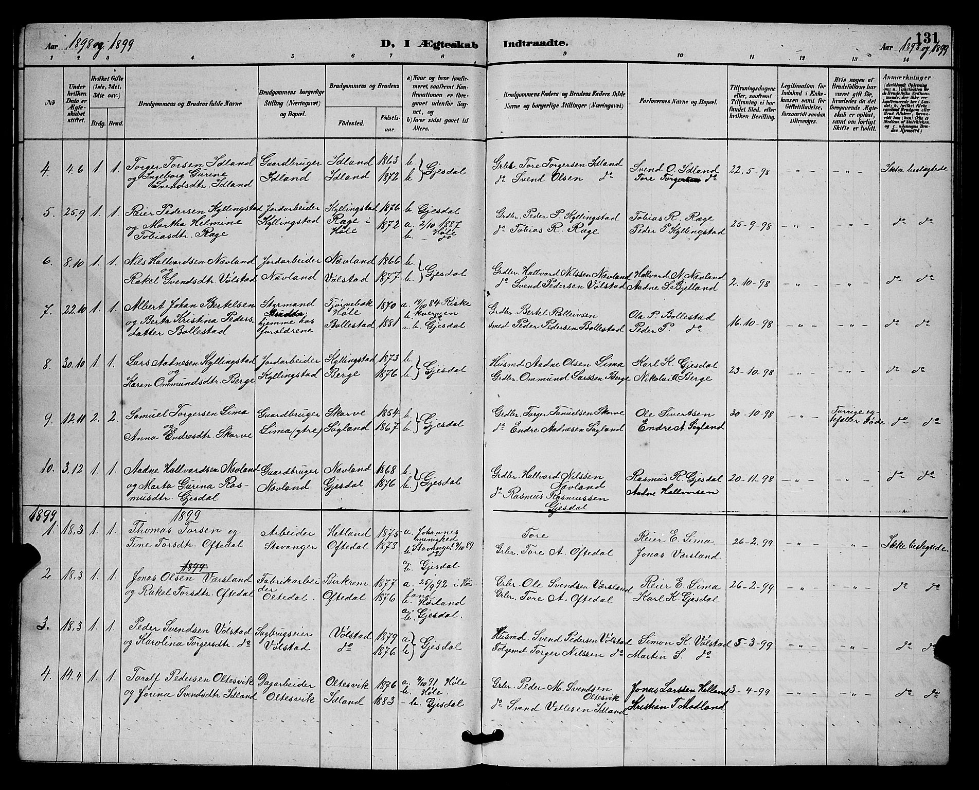 Lye sokneprestkontor, SAST/A-101794/001/30BB/L0008: Parish register (copy) no. B 7, 1887-1901, p. 131