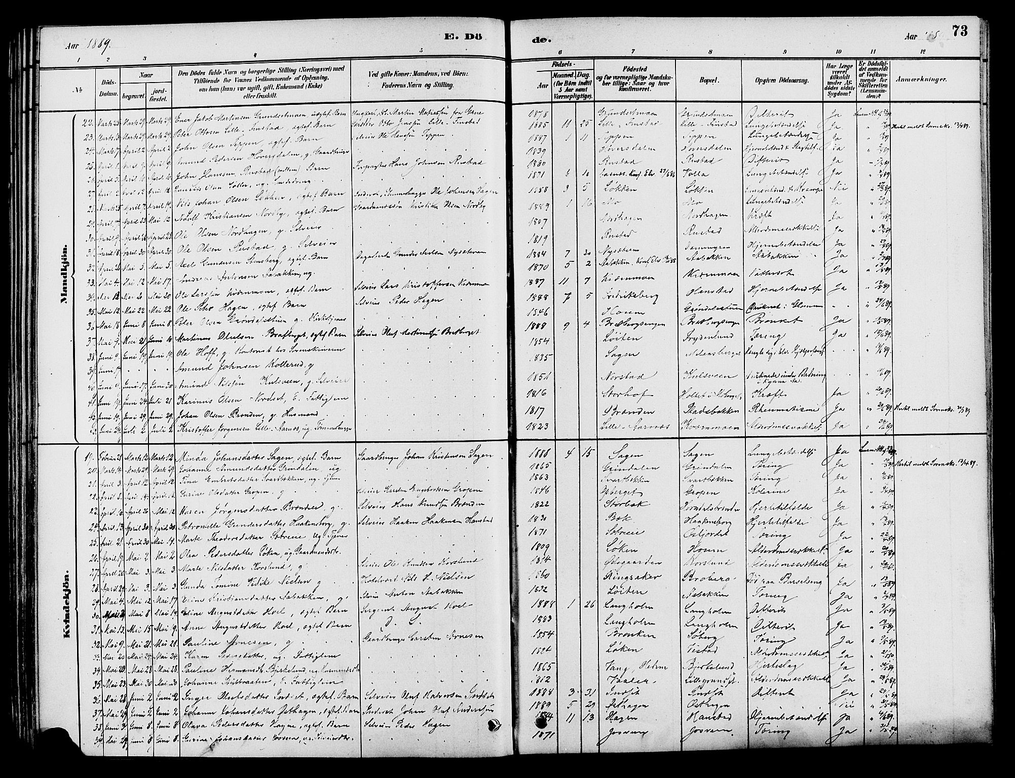 Elverum prestekontor, AV/SAH-PREST-044/H/Ha/Haa/L0012: Parish register (official) no. 12, 1880-1893, p. 73