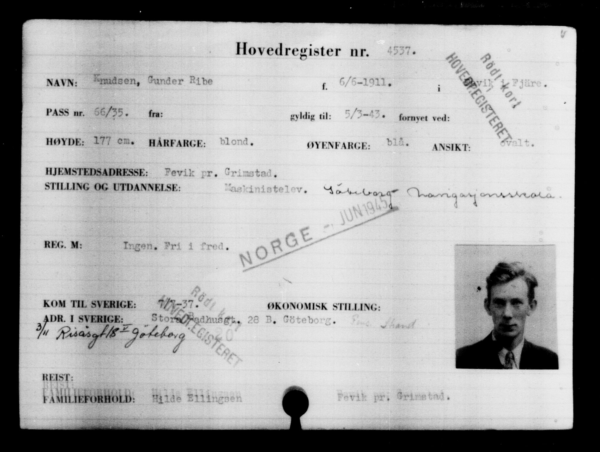 Utenriksstasjonene, Legasjonen i Stockholm, Flyktningkontoret, AV/RA-S-6753/V/Va/L0004: Kjesäterkartoteket, flyktninger med registreringsnr. 3496-6610, 1940-1945, p. 1245