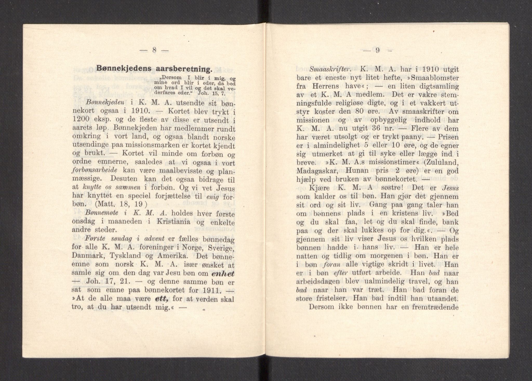 Kvinnelige Misjonsarbeidere, AV/RA-PA-0699/F/Fa/L0001/0007: -- / Årsmeldinger, trykte, 1906-1915