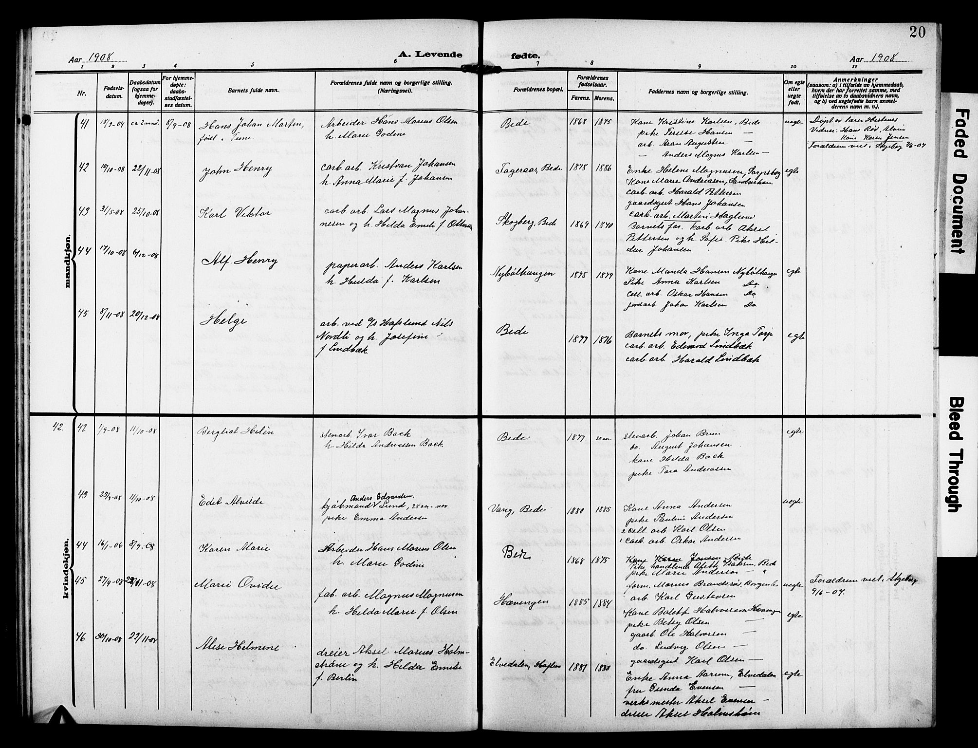 Skjeberg prestekontor Kirkebøker, AV/SAO-A-10923/G/Gd/L0001: Parish register (copy) no. IV 1, 1907-1917, p. 20