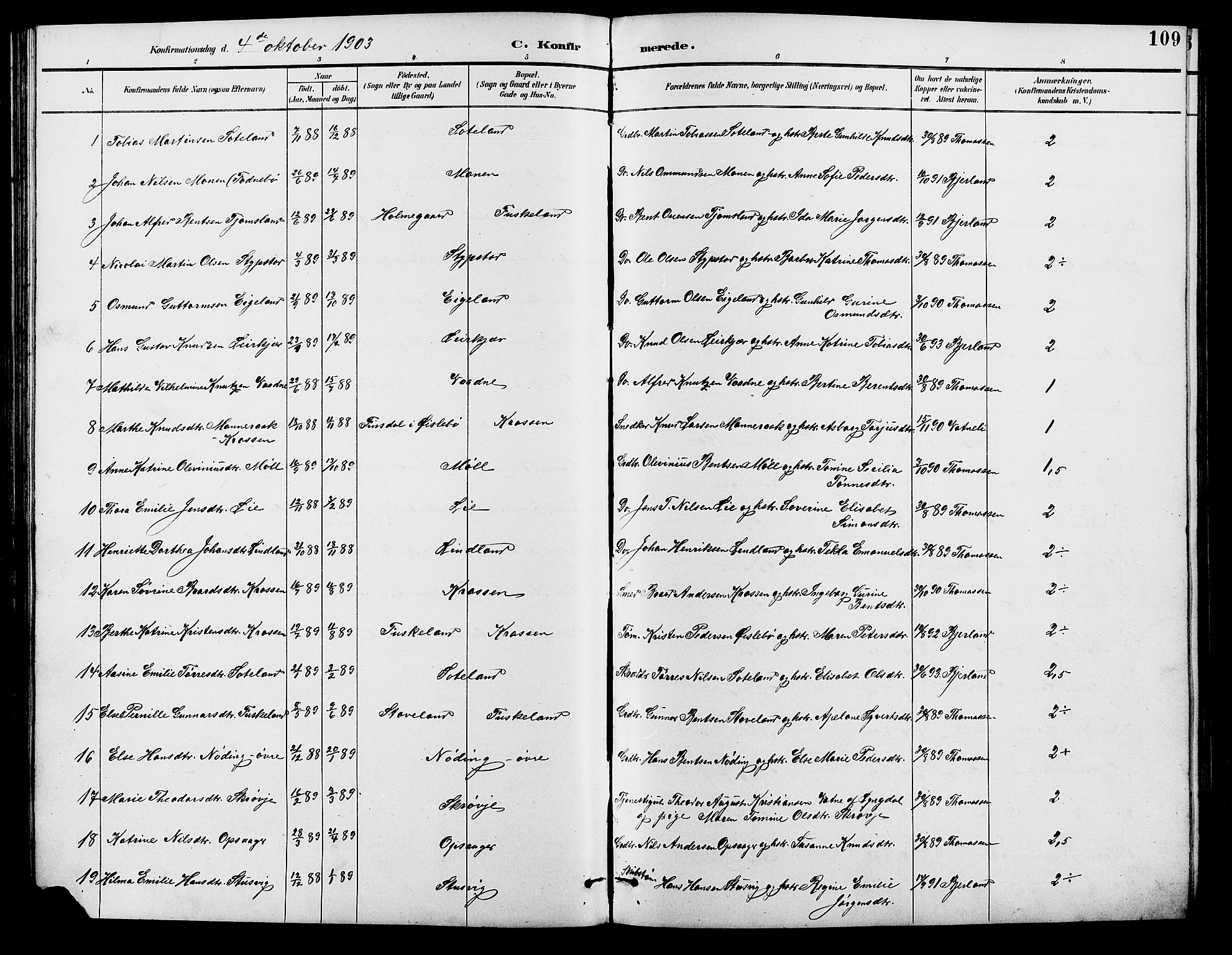 Holum sokneprestkontor, SAK/1111-0022/F/Fb/Fba/L0005: Parish register (copy) no. B 5, 1891-1909, p. 109