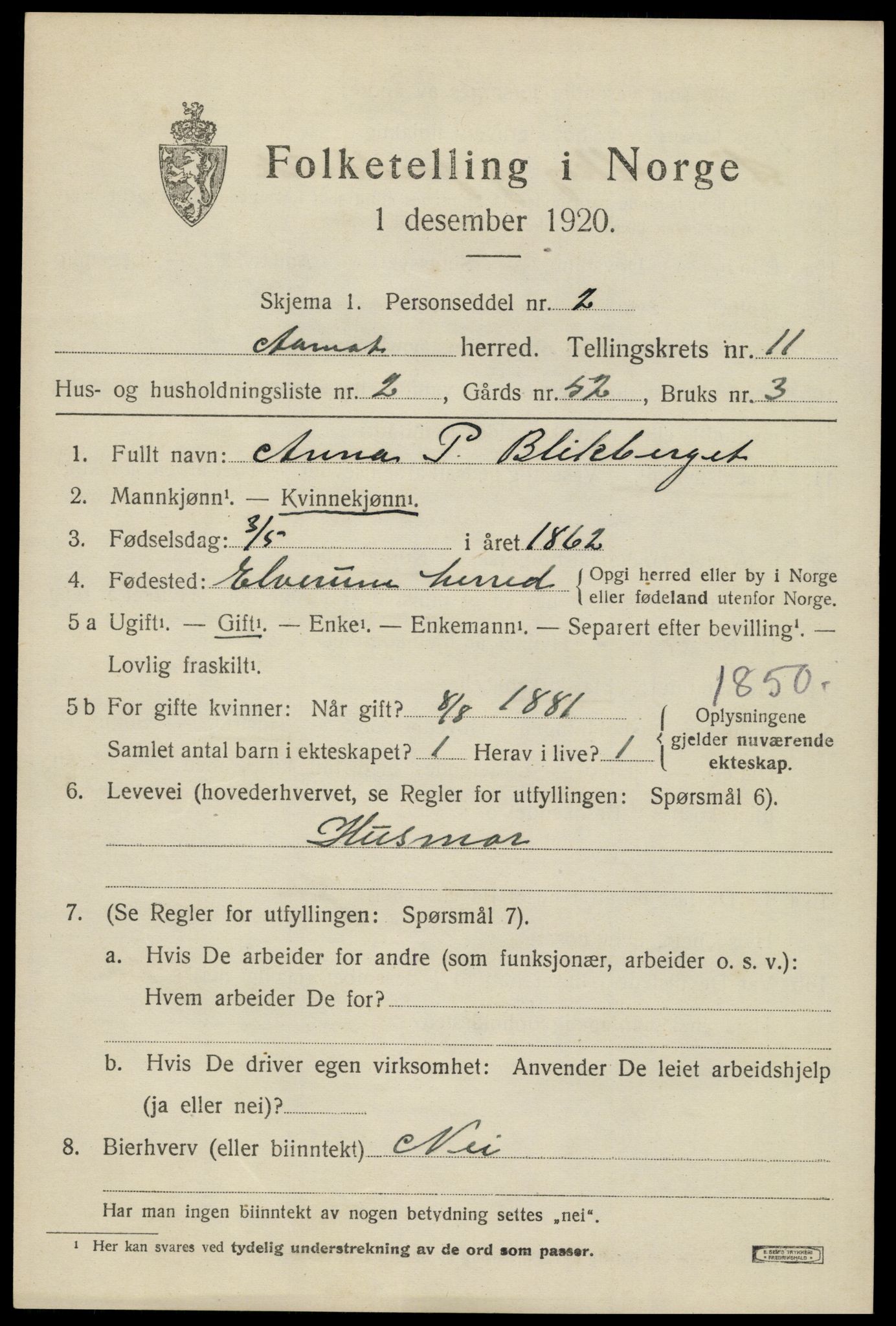 SAH, 1920 census for Åmot, 1920, p. 9425