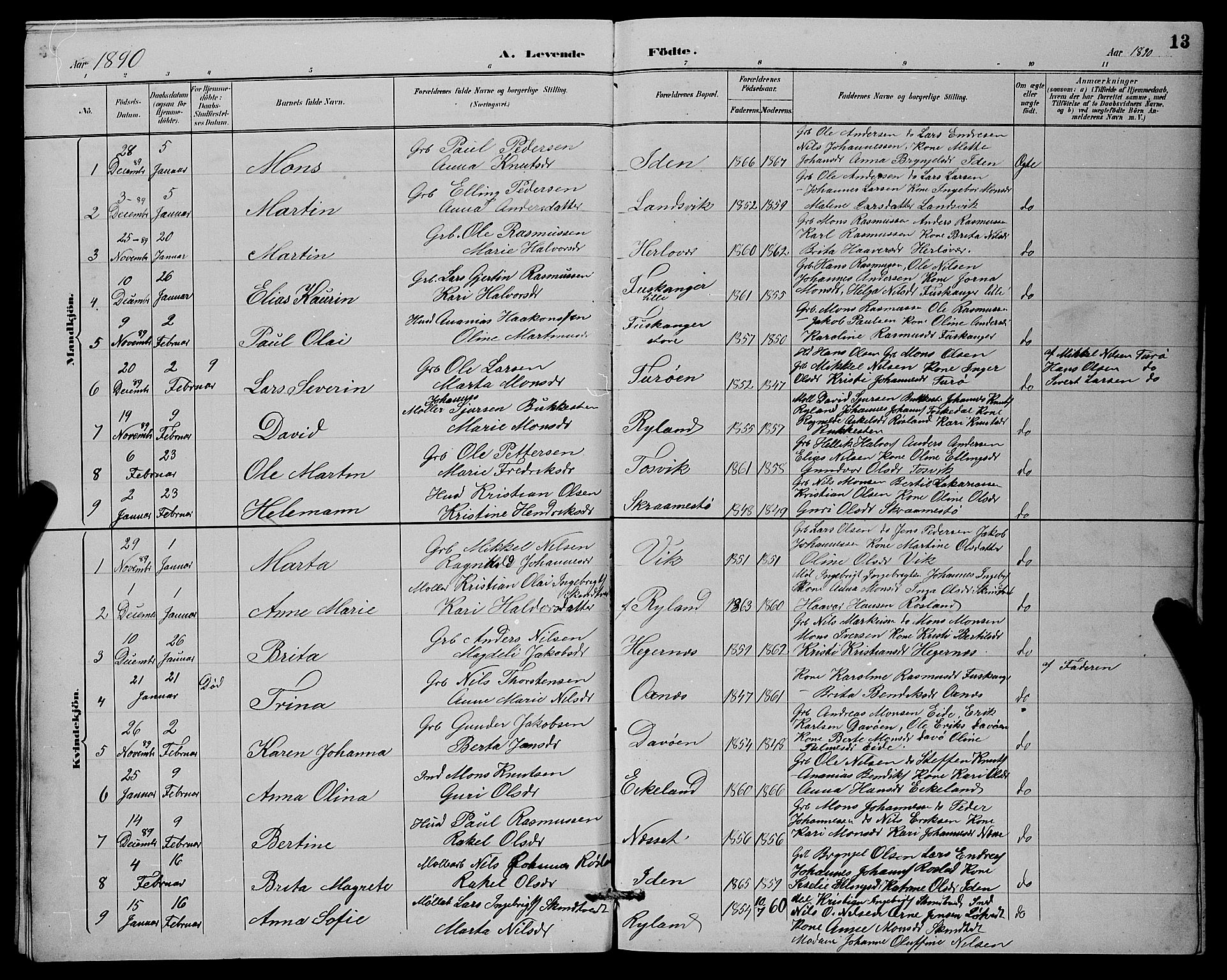 Herdla Sokneprestembete, SAB/A-75701/H/Hab: Parish register (copy) no. A 3, 1889-1899, p. 13