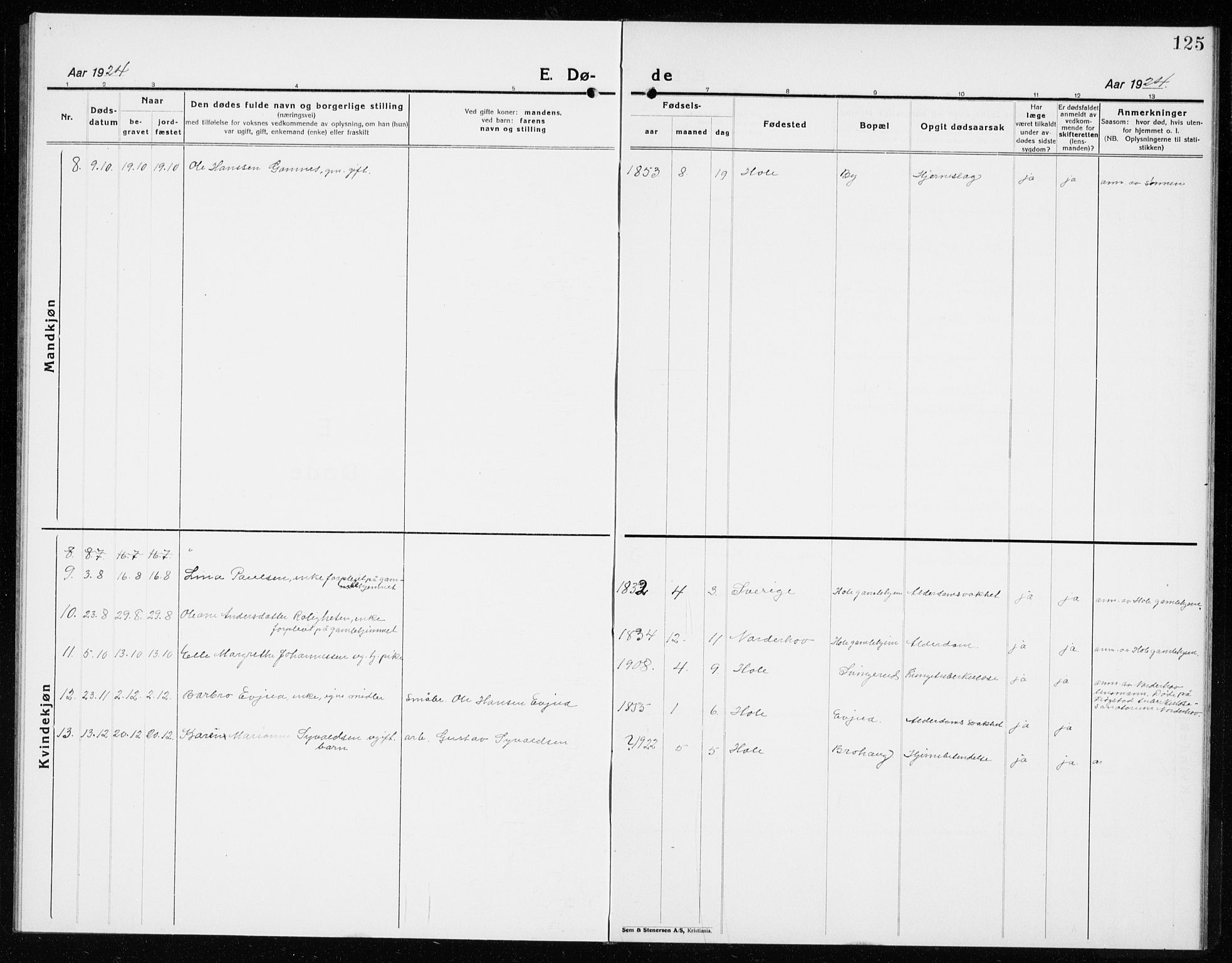 Hole kirkebøker, SAKO/A-228/G/Ga/L0005: Parish register (copy) no. I 5, 1924-1938, p. 125