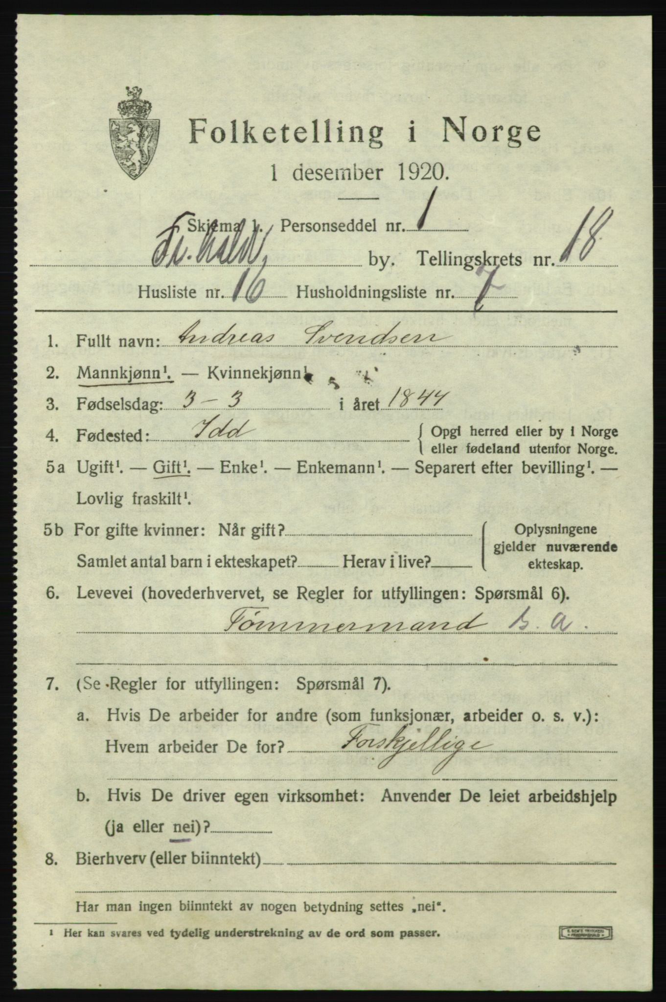 SAO, 1920 census for Fredrikshald, 1920, p. 27485