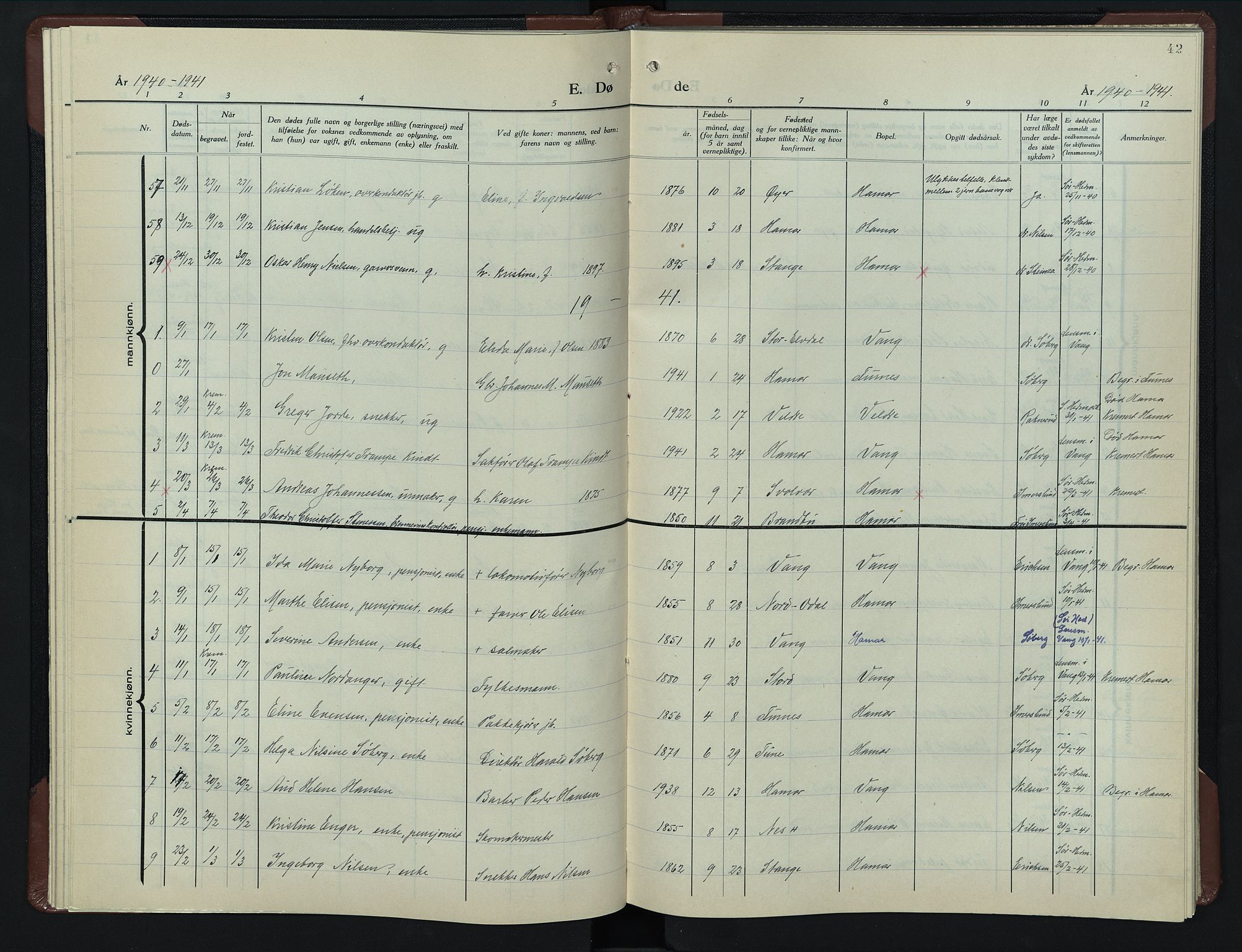 Hamar prestekontor, SAH/DOMPH-002/H/Ha/Hab/L0007: Parish register (copy) no. 7, 1933-1950, p. 42