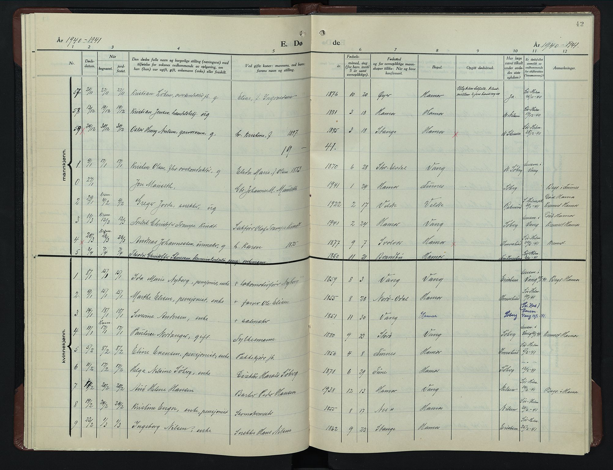 Hamar prestekontor, AV/SAH-DOMPH-002/H/Ha/Hab/L0007: Parish register (copy) no. 7, 1933-1950, p. 42