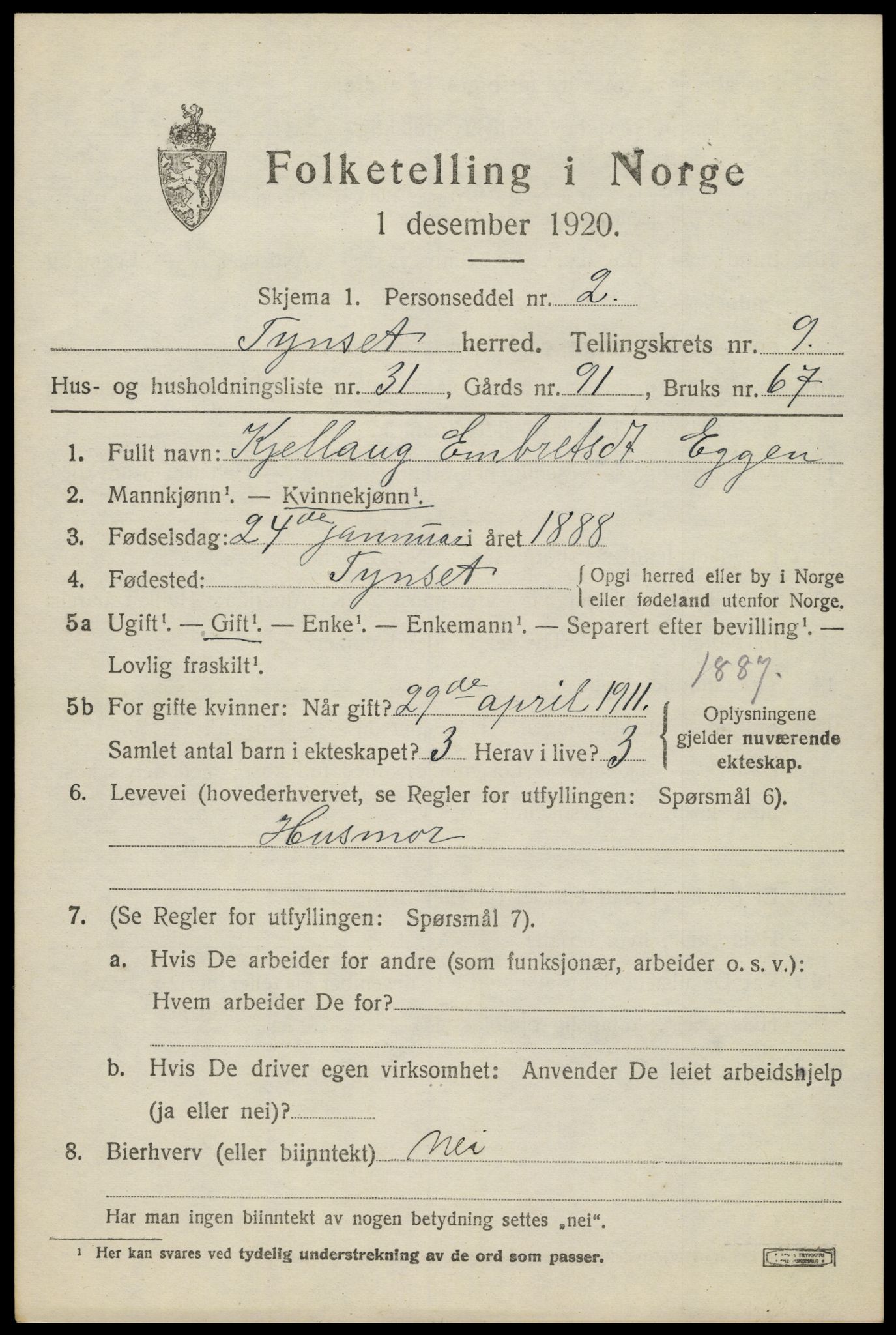 SAH, 1920 census for Tynset, 1920, p. 7506