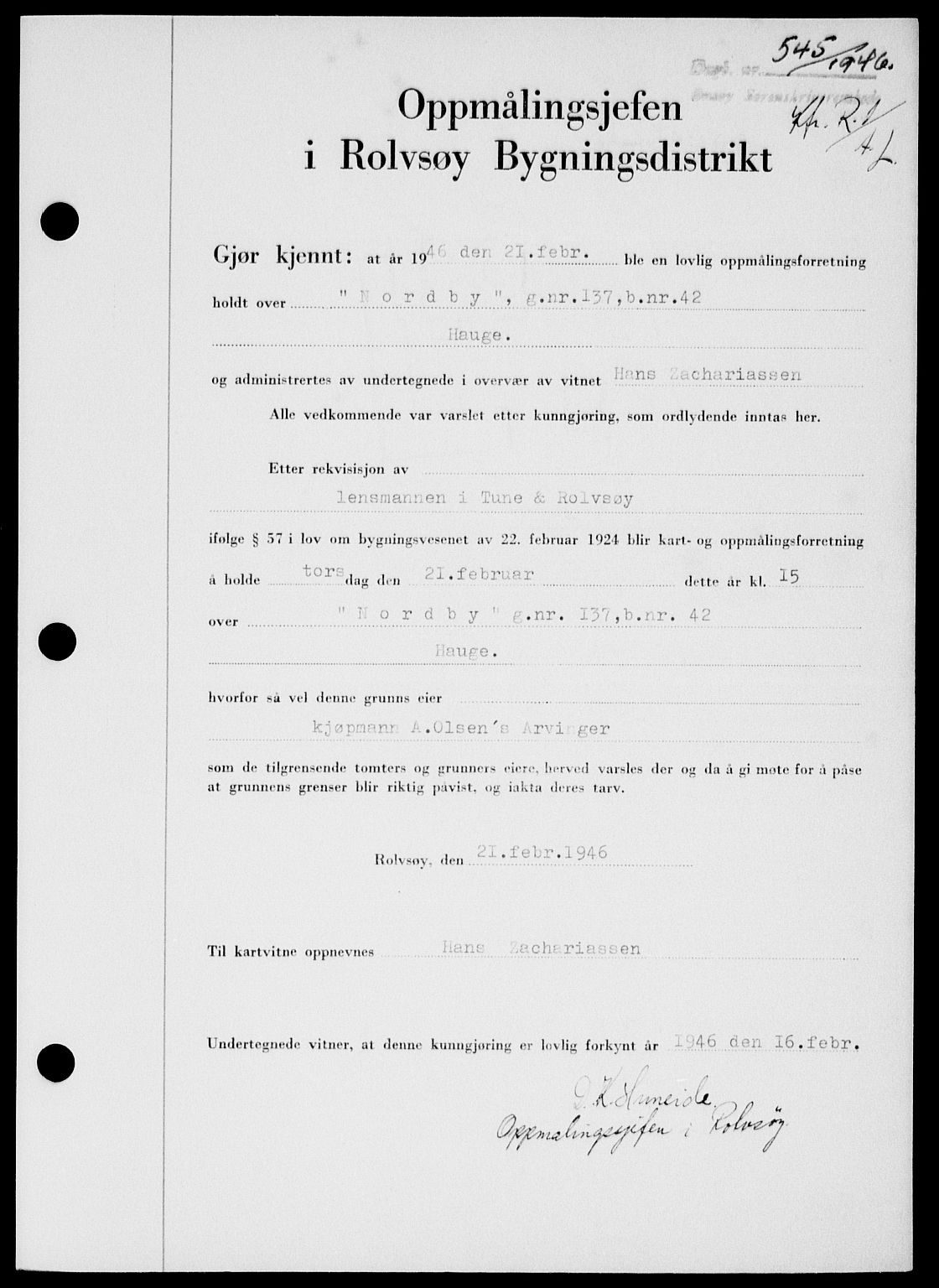 Onsøy sorenskriveri, SAO/A-10474/G/Ga/Gab/L0015: Mortgage book no. II A-15, 1945-1946, Diary no: : 545/1946