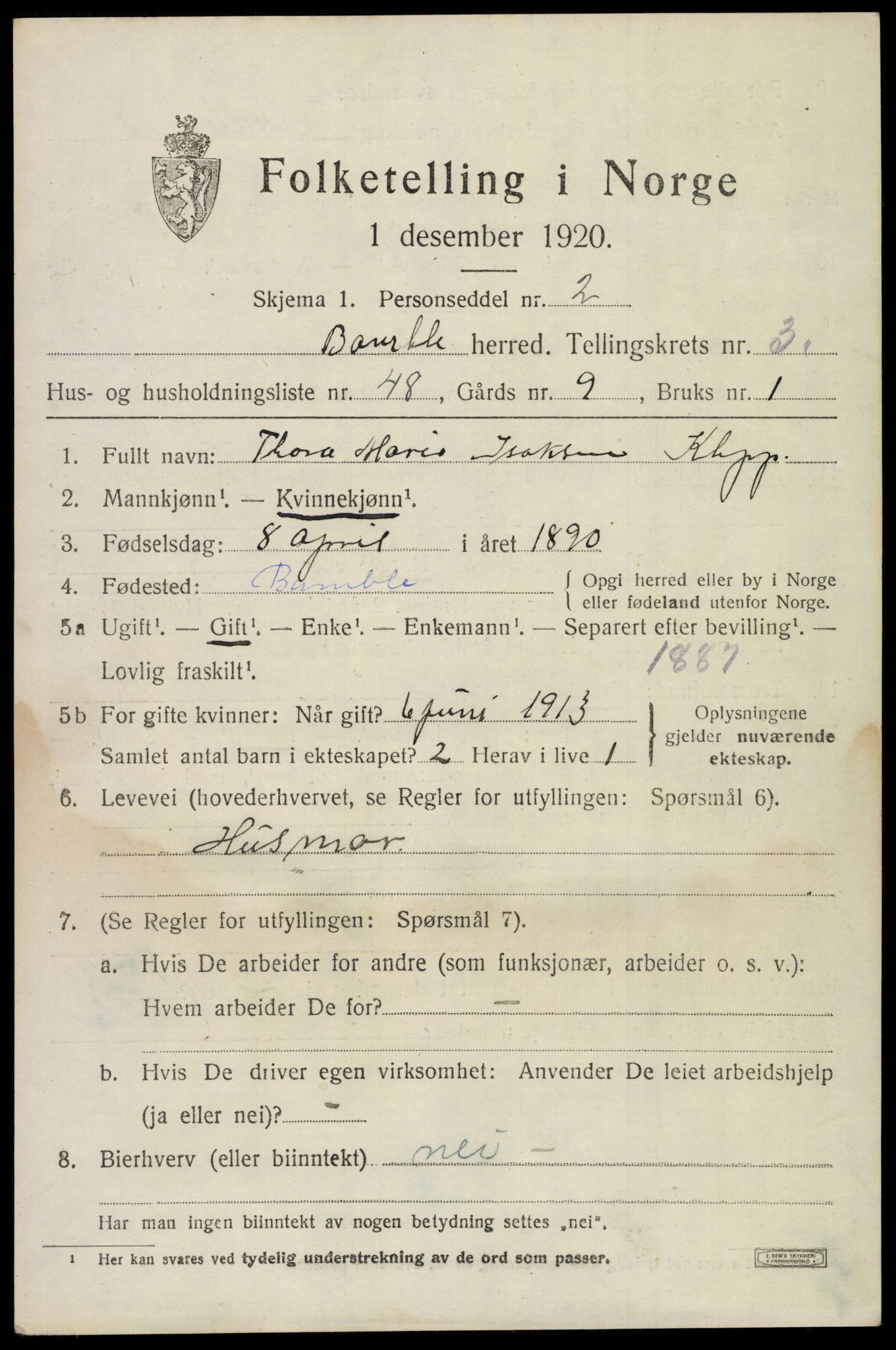 SAKO, 1920 census for Bamble, 1920, p. 4325