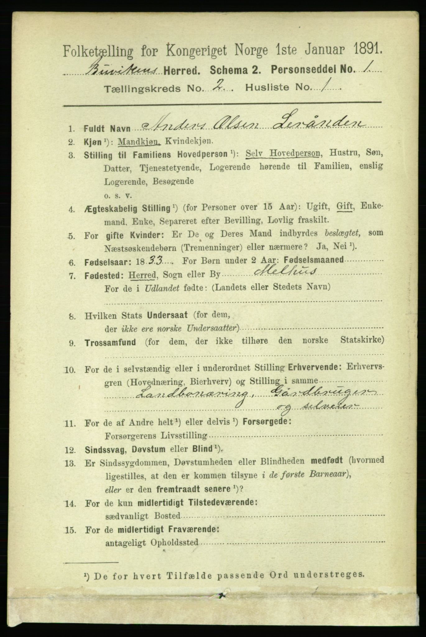 RA, 1891 census for 1656 Buvik, 1891, p. 613