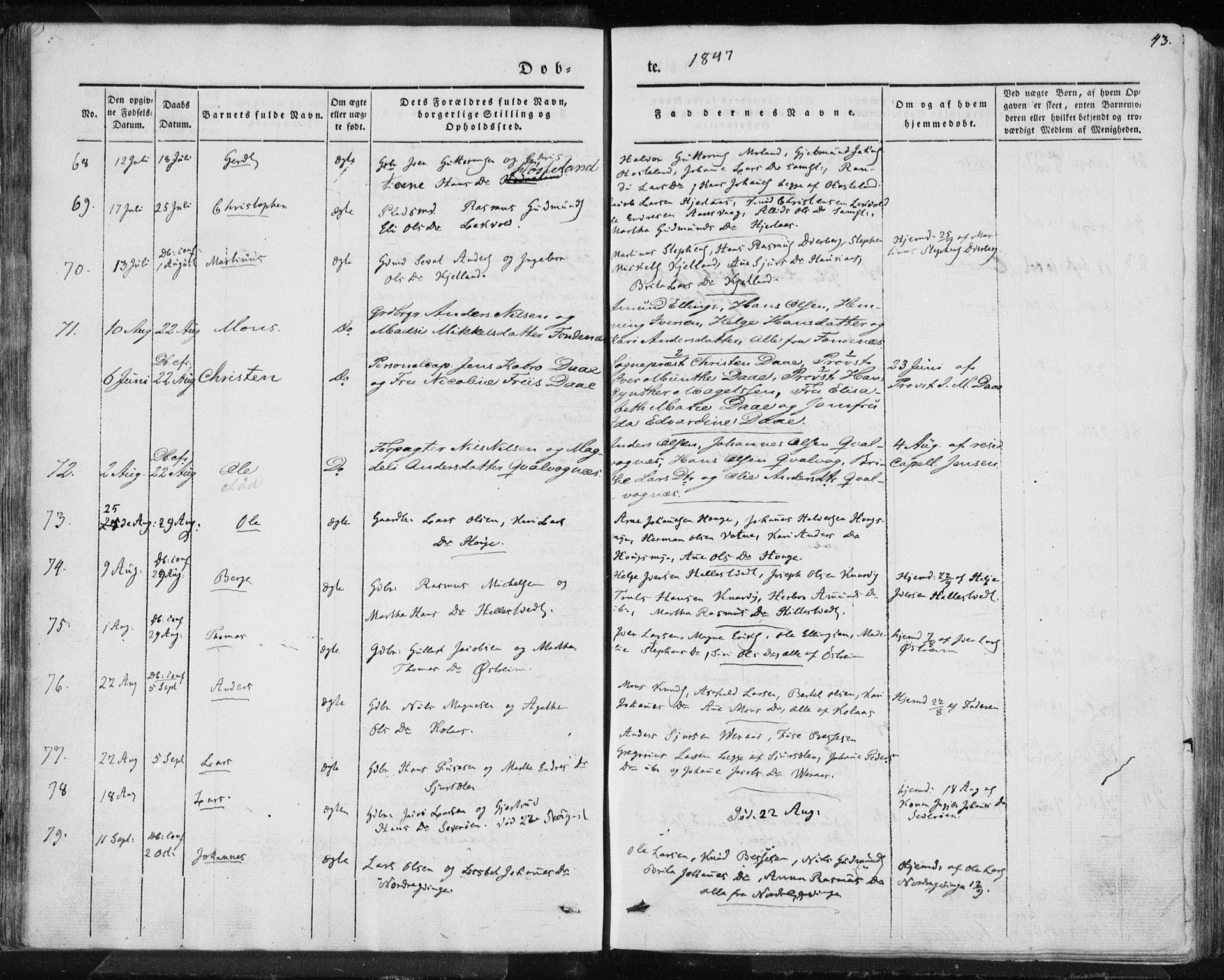 Lindås Sokneprestembete, SAB/A-76701/H/Haa: Parish register (official) no. A 10, 1842-1862, p. 43