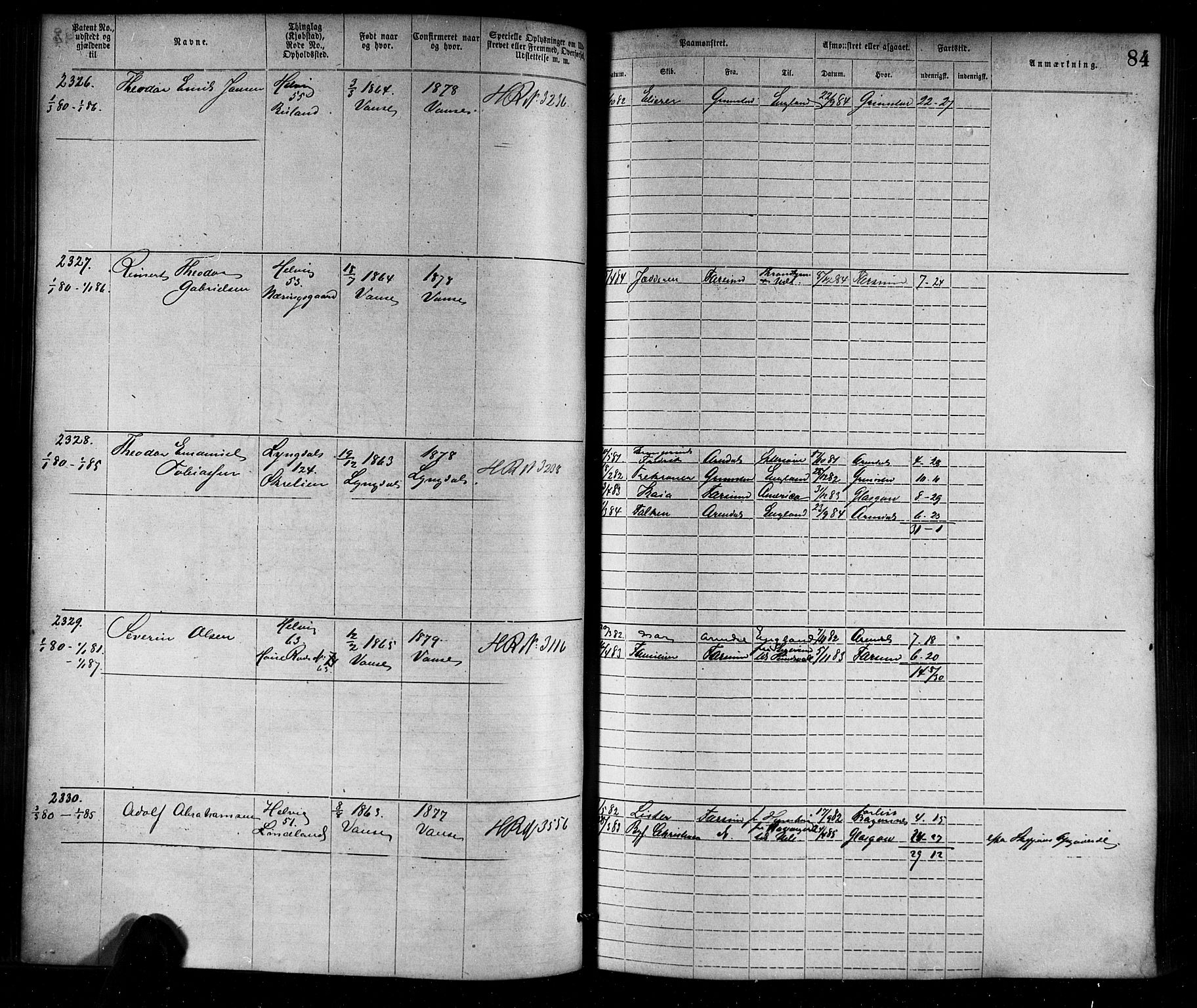Farsund mønstringskrets, SAK/2031-0017/F/Fa/L0006: Annotasjonsrulle nr 1911-3805 med register, Z-3, 1877-1894, p. 111