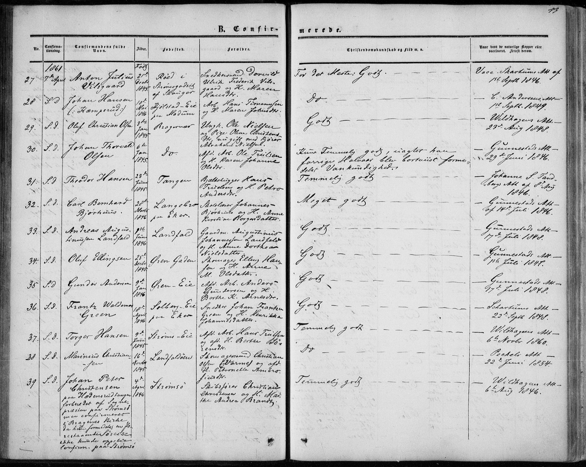 Bragernes kirkebøker, AV/SAKO-A-6/F/Fc/L0002: Parish register (official) no. III 2, 1854-1865, p. 43