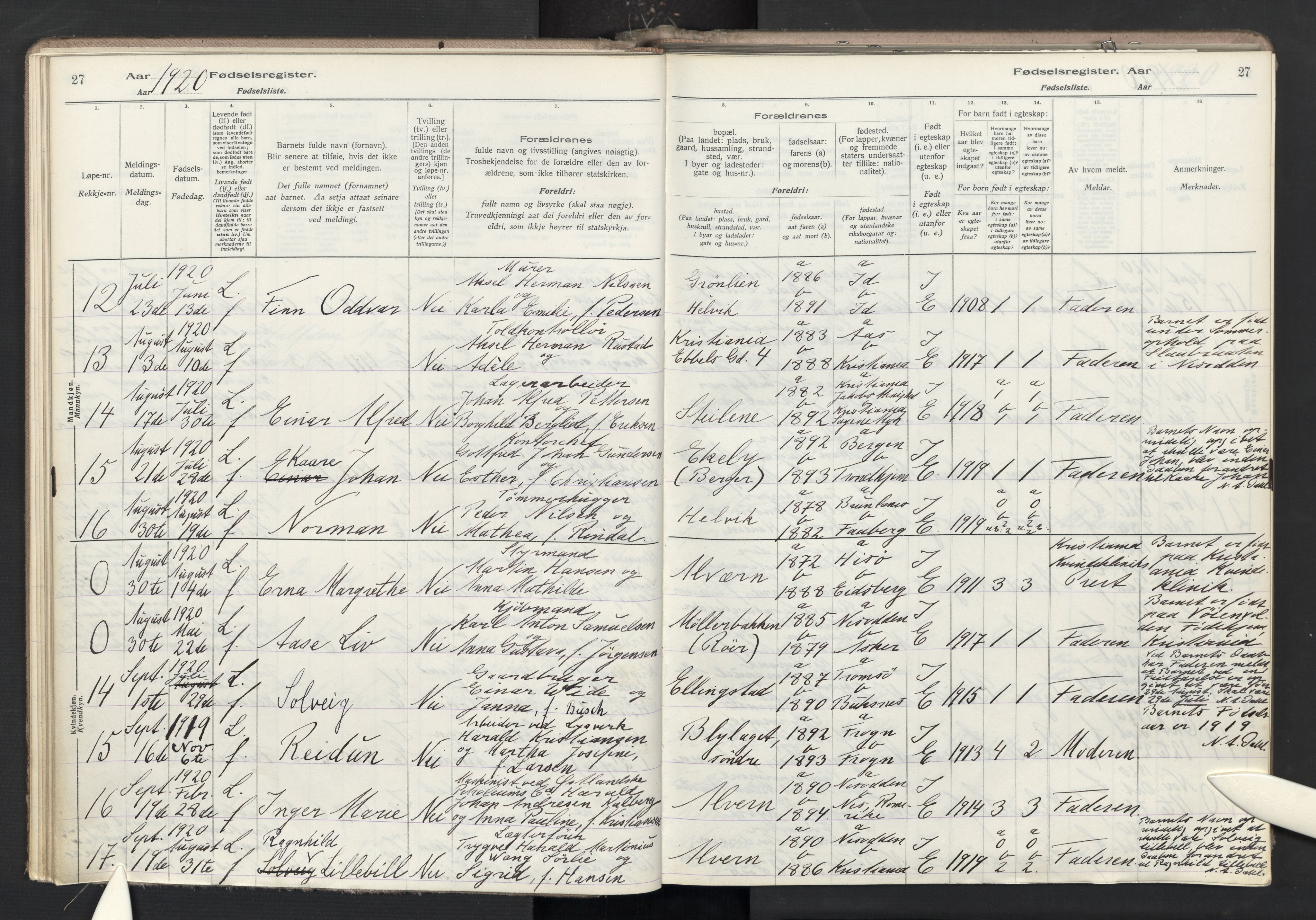 Nesodden prestekontor Kirkebøker, AV/SAO-A-10013/J/Ja/L0001: Birth register no. I 1, 1916-1946, p. 27