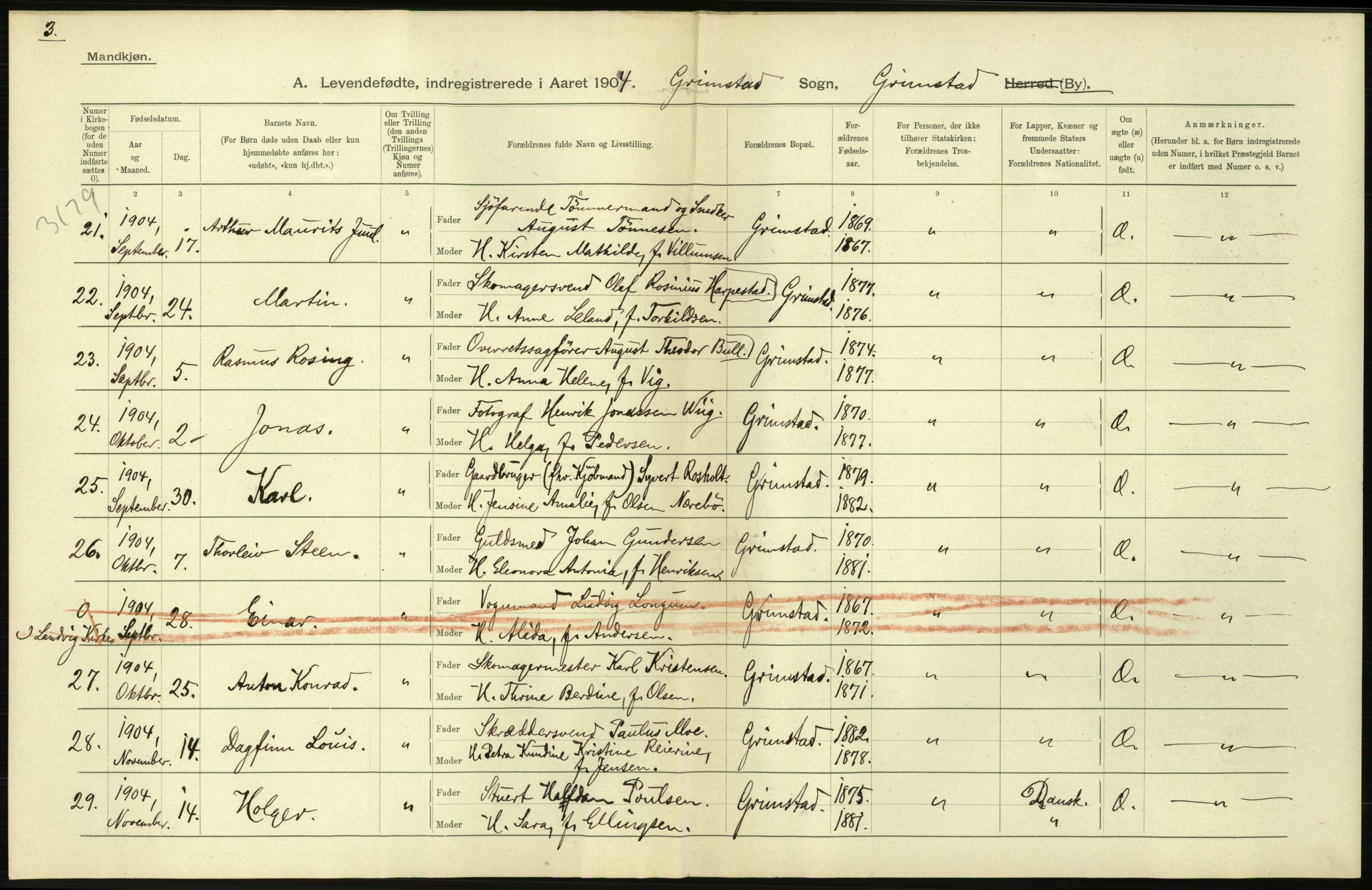 Statistisk sentralbyrå, Sosiodemografiske emner, Befolkning, AV/RA-S-2228/D/Df/Dfa/Dfab/L0010: Nedenes amt: Fødte, gifte, døde, 1904, p. 252