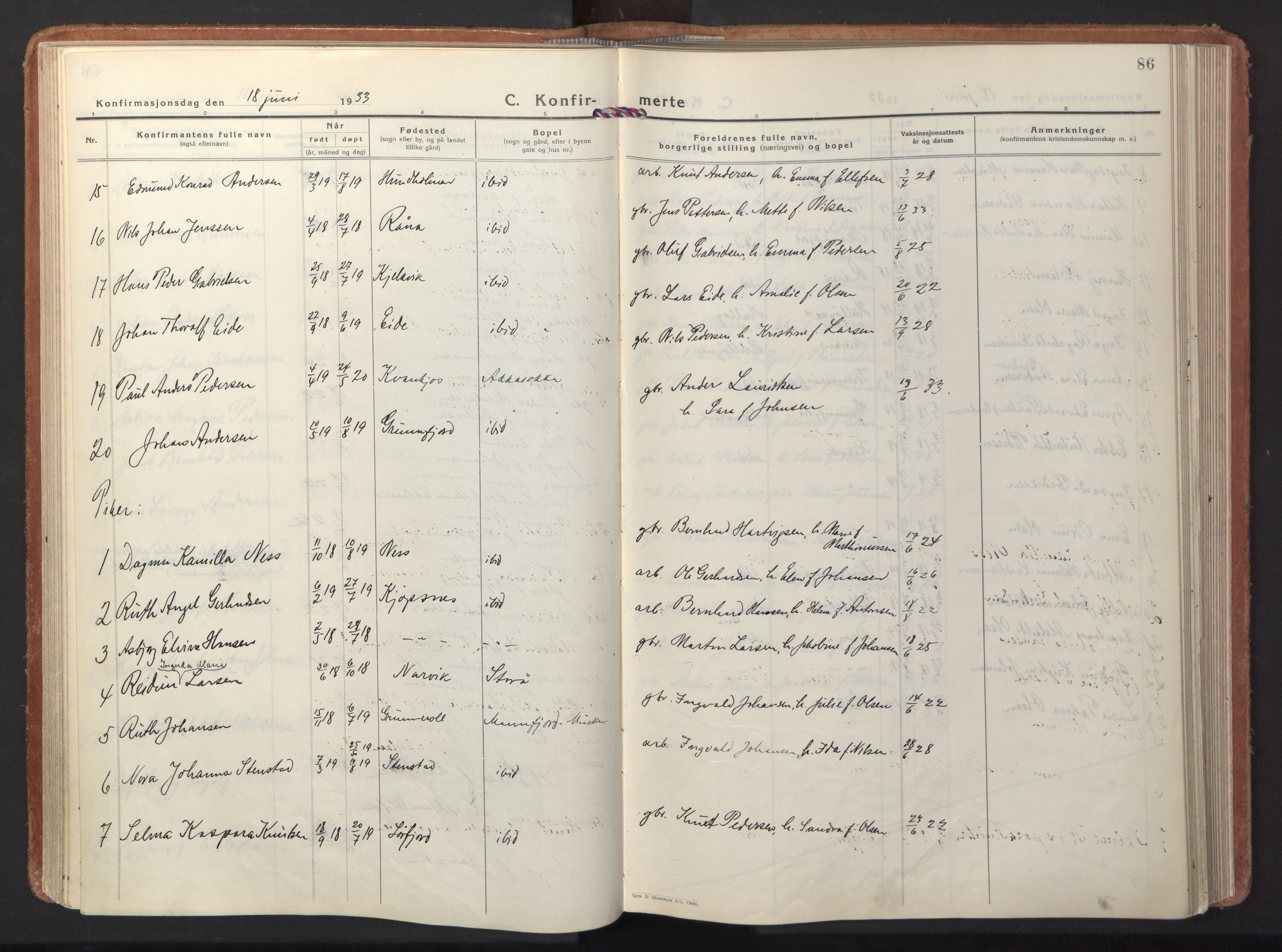 Ministerialprotokoller, klokkerbøker og fødselsregistre - Nordland, SAT/A-1459/861/L0874: Parish register (official) no. 861A09, 1932-1939, p. 86