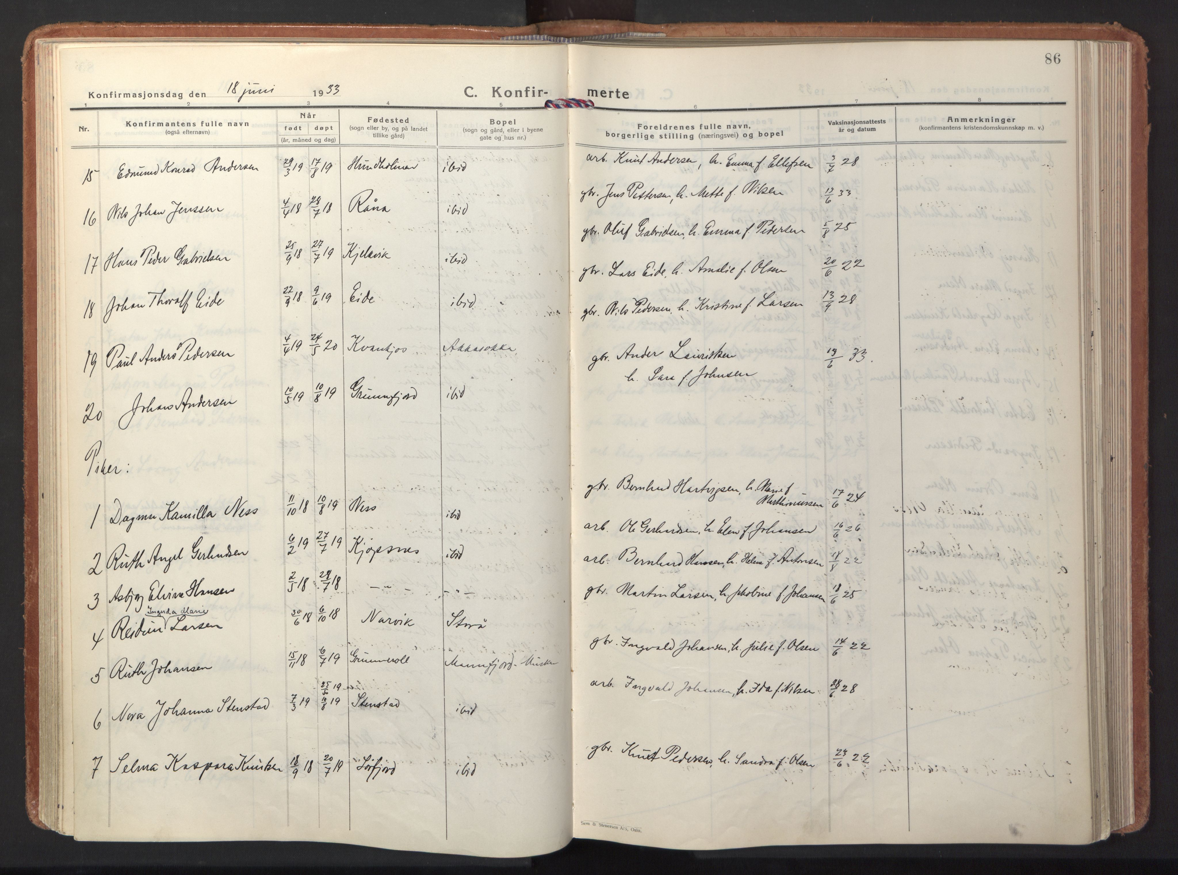 Ministerialprotokoller, klokkerbøker og fødselsregistre - Nordland, AV/SAT-A-1459/861/L0874: Parish register (official) no. 861A09, 1932-1939, p. 86