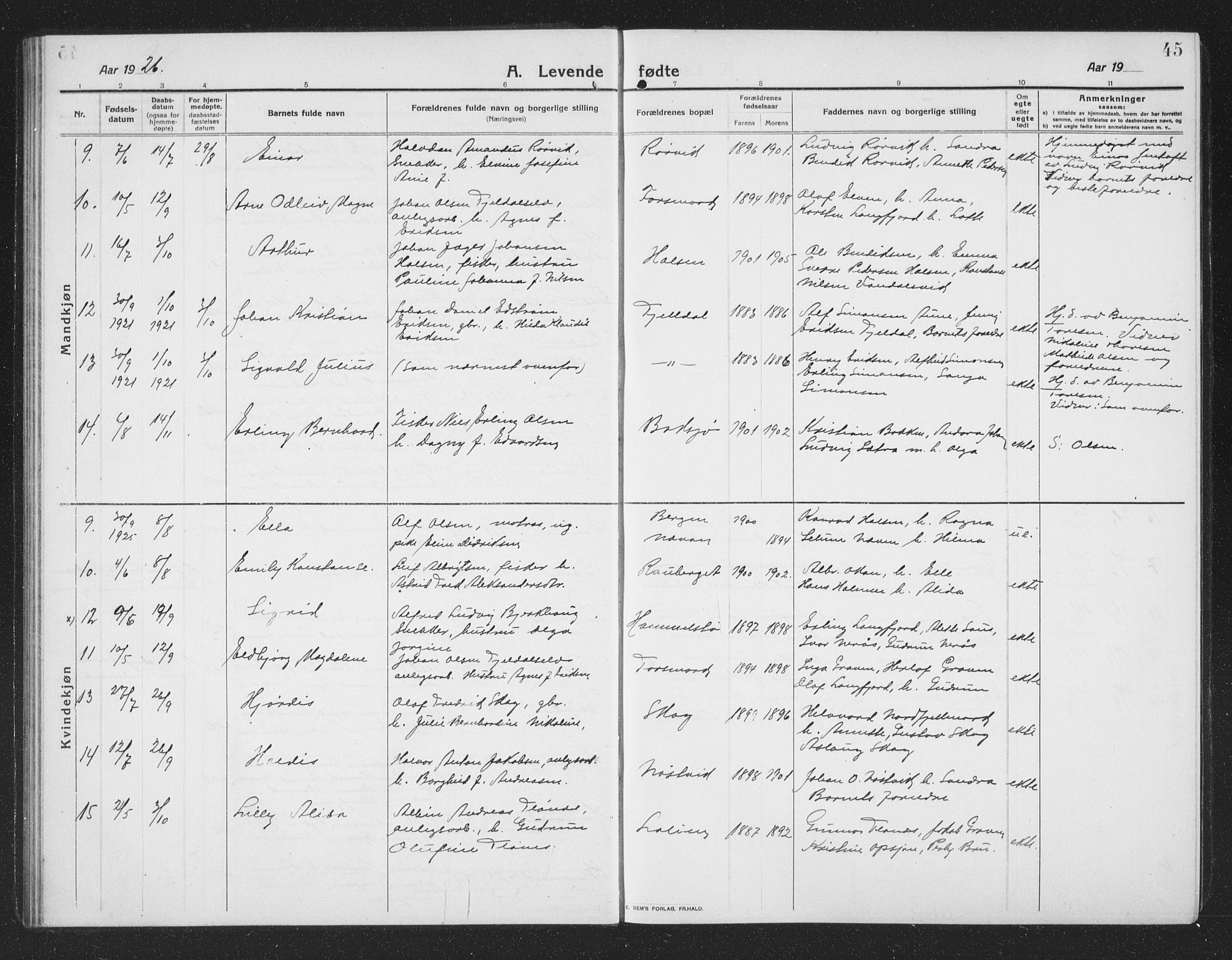 Ministerialprotokoller, klokkerbøker og fødselsregistre - Nordland, AV/SAT-A-1459/814/L0231: Parish register (copy) no. 814C04, 1912-1926, p. 45