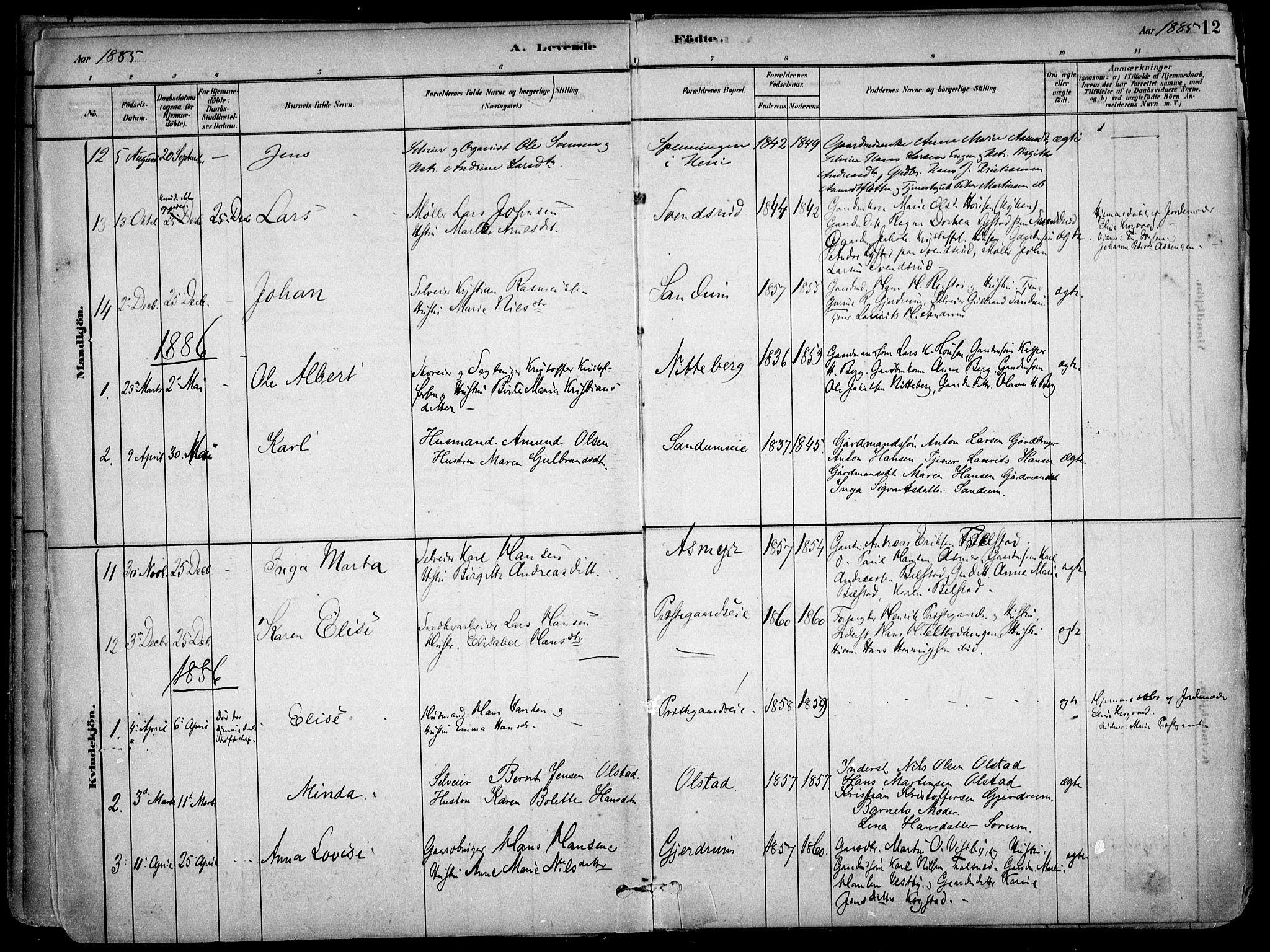 Gjerdrum prestekontor Kirkebøker, SAO/A-10412b/F/Fa/L0009: Parish register (official) no. I 9, 1881-1916, p. 12