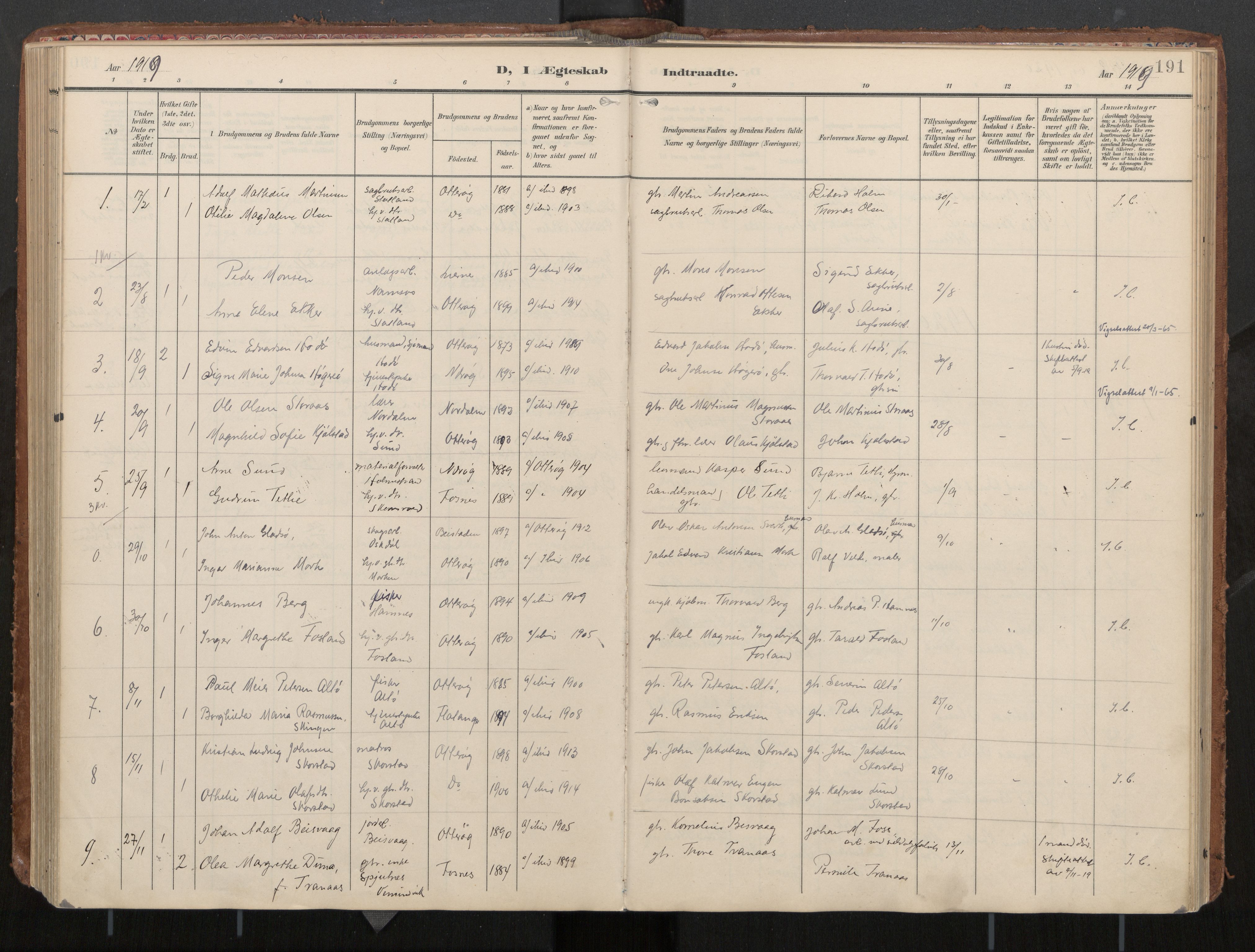 Ministerialprotokoller, klokkerbøker og fødselsregistre - Nord-Trøndelag, AV/SAT-A-1458/774/L0629: Parish register (official), 1904-1926, p. 191