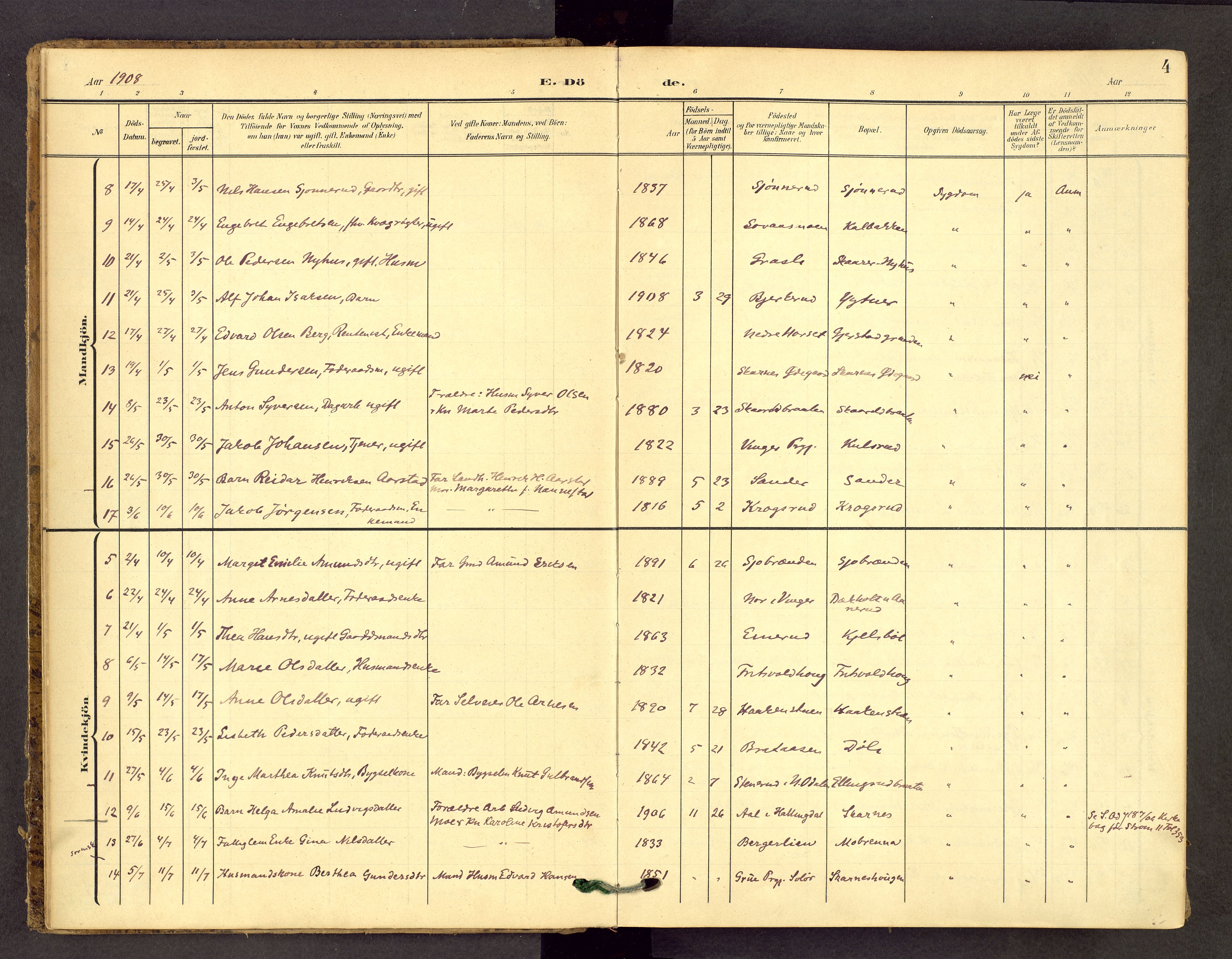 Sør-Odal prestekontor, AV/SAH-PREST-030/H/Ha/Haa/L0010: Parish register (official) no. 10, 1907-1968, p. 4