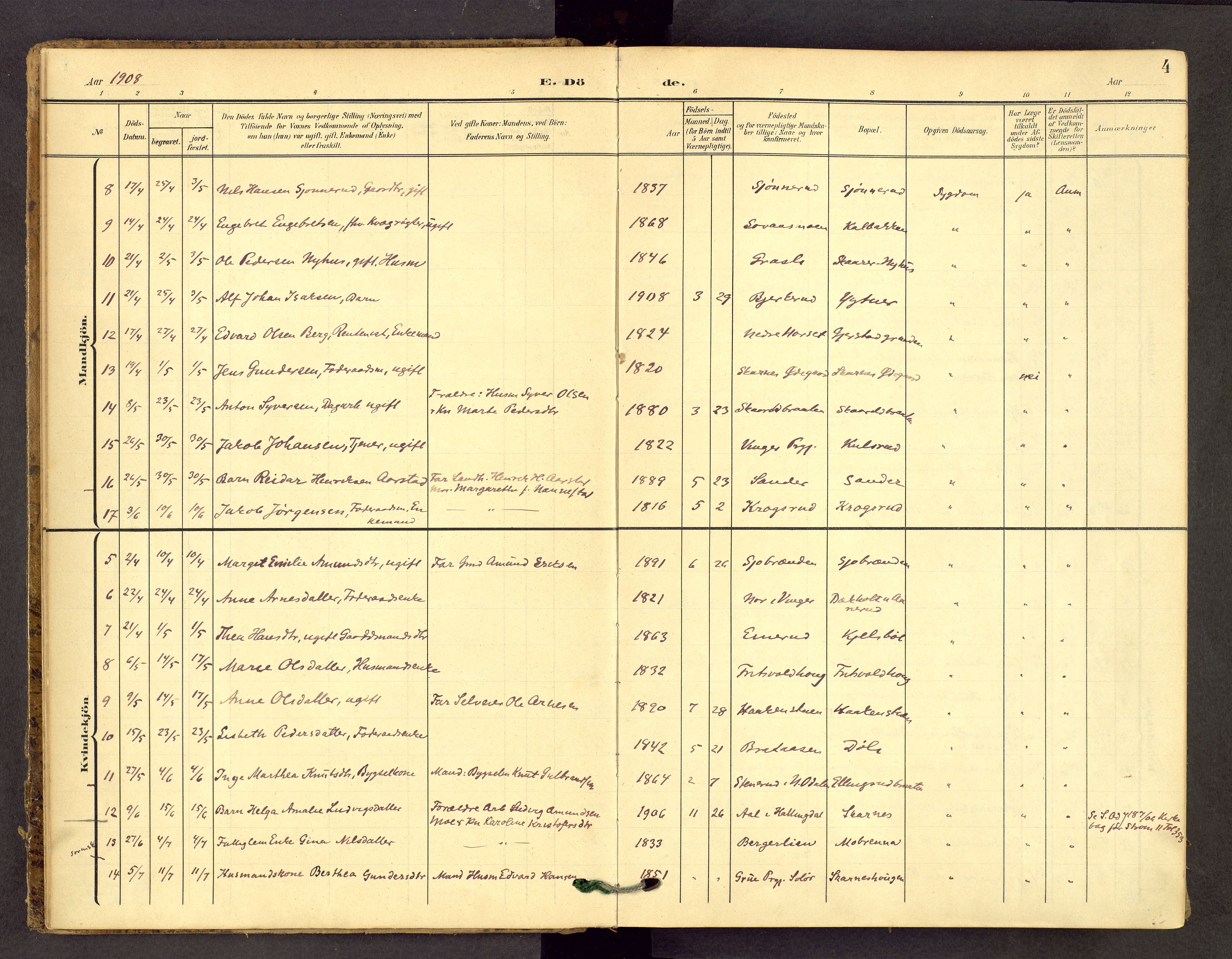 Sør-Odal prestekontor, SAH/PREST-030/H/Ha/Haa/L0010: Parish register (official) no. 10, 1907-1968, p. 4