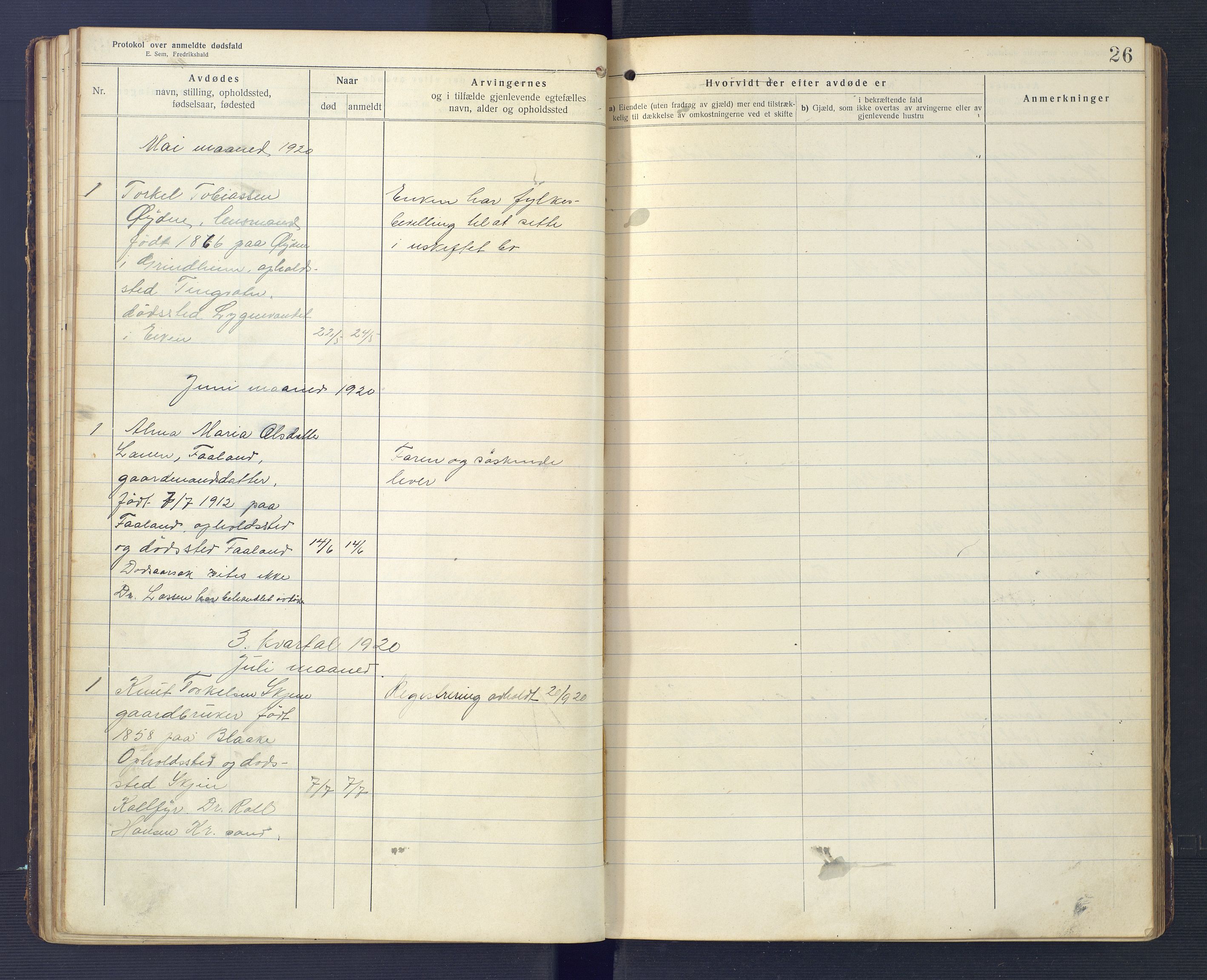 Hægebostad og Eiken lensmannskontor, AV/SAK-1241-0023/F/Fe/L0002: Dødsfallsprotokoll nr 34, 1917-1932, p. 26