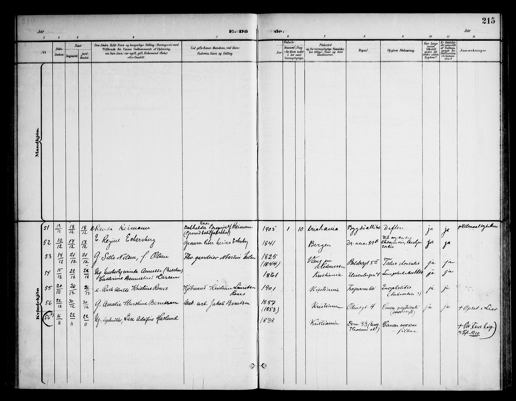 Frogner prestekontor Kirkebøker, SAO/A-10886/F/Fa/L0004: Parish register (official) no. 4, 1898-1921, p. 215