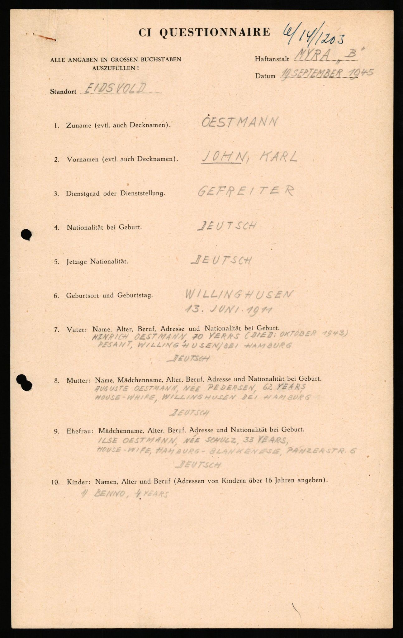 Forsvaret, Forsvarets overkommando II, AV/RA-RAFA-3915/D/Db/L0024: CI Questionaires. Tyske okkupasjonsstyrker i Norge. Tyskere., 1945-1946, p. 428