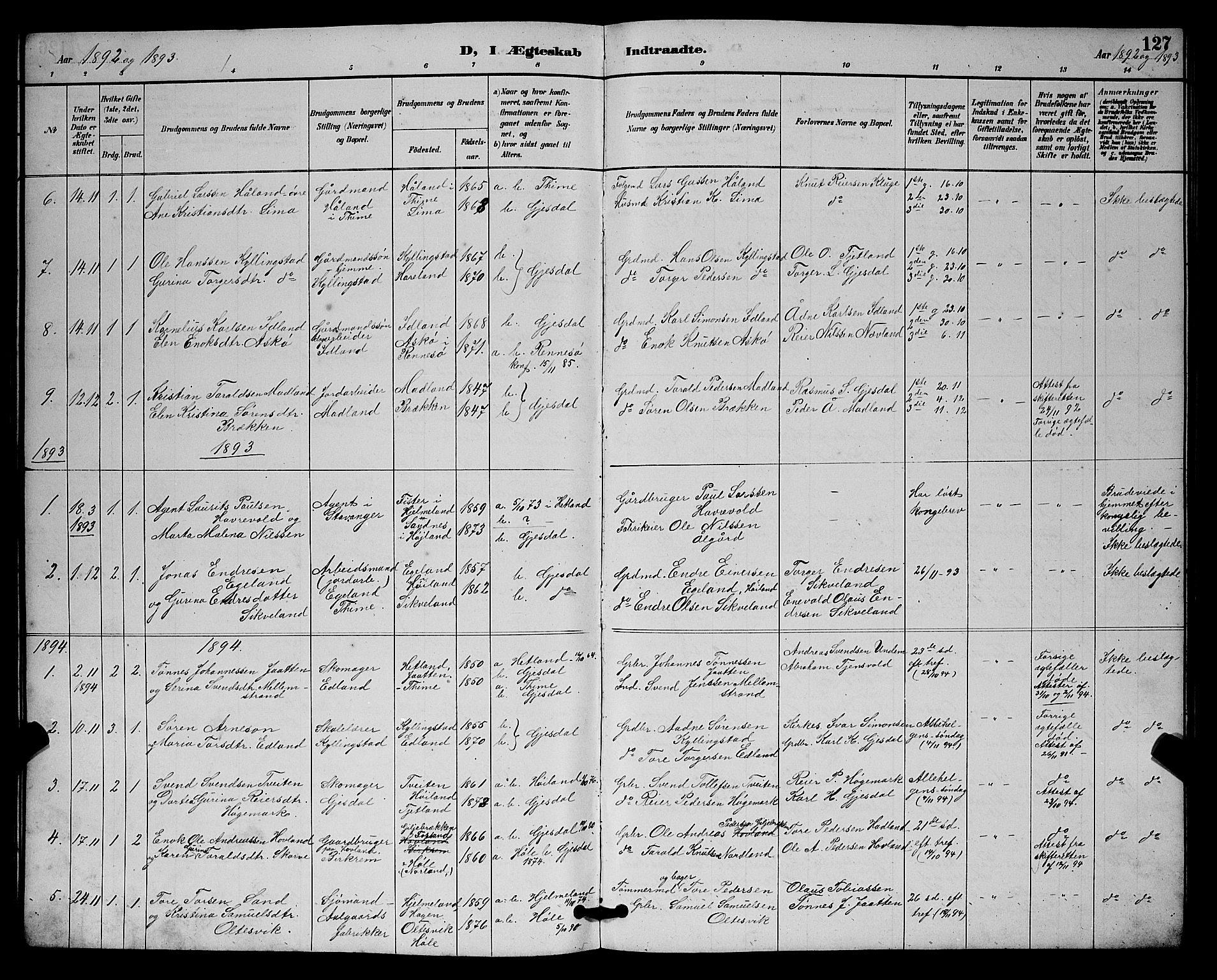 Lye sokneprestkontor, SAST/A-101794/001/30BB/L0008: Parish register (copy) no. B 7, 1887-1901, p. 127