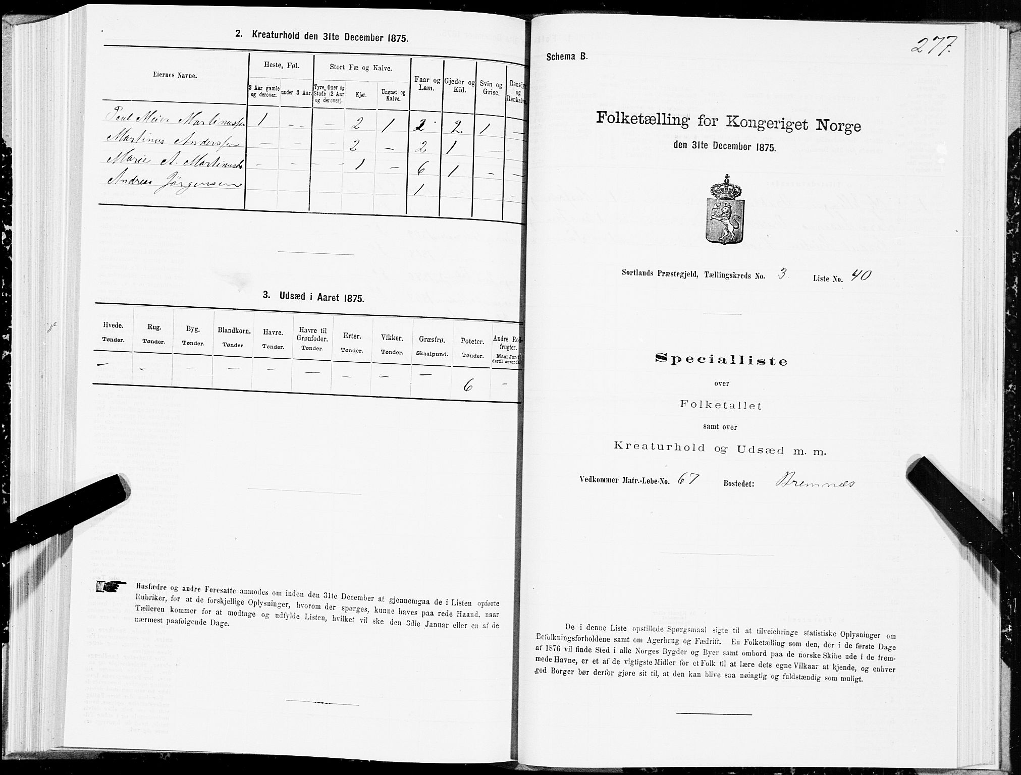 SAT, 1875 census for 1870P Sortland, 1875, p. 2277