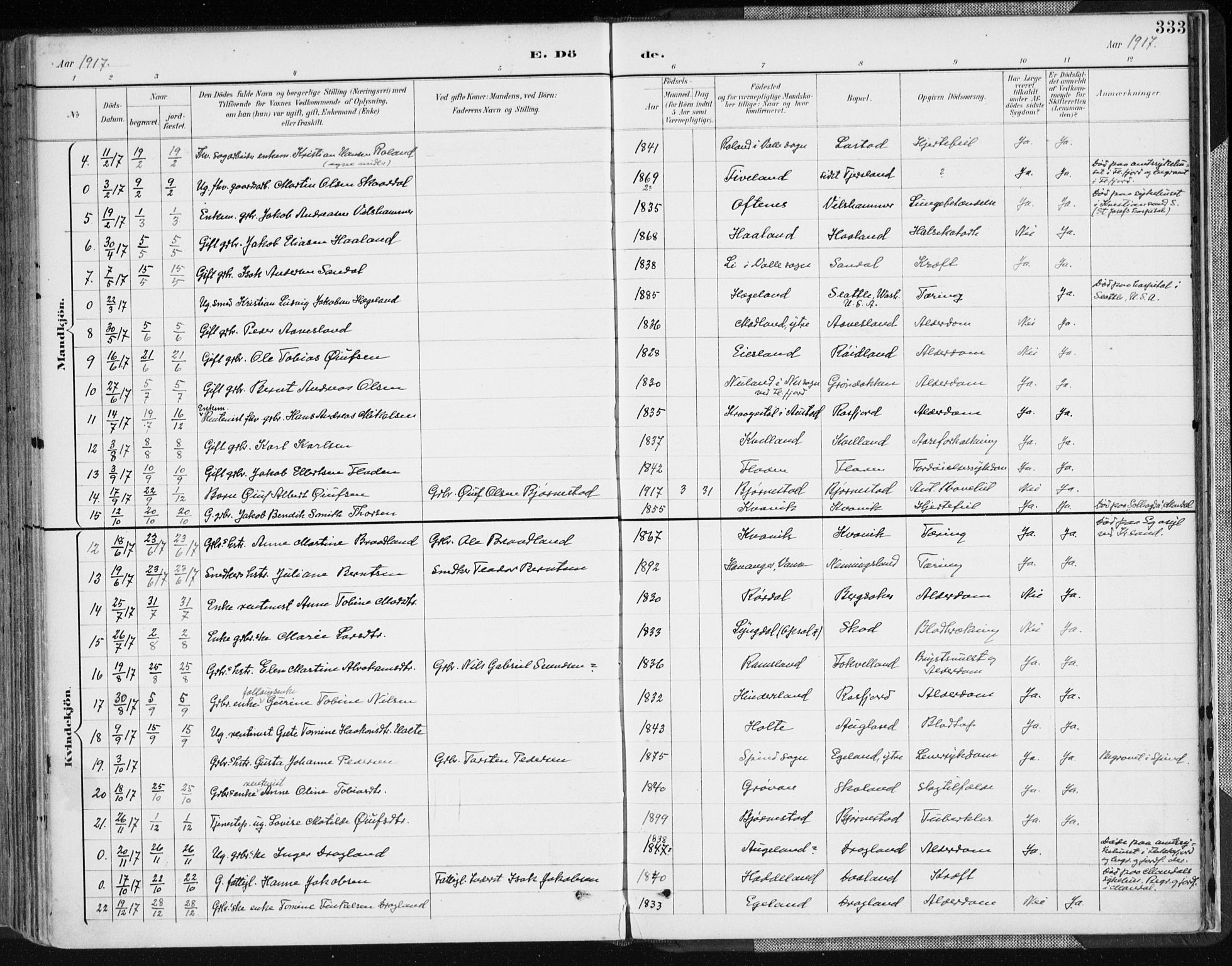 Lyngdal sokneprestkontor, SAK/1111-0029/F/Fa/Fac/L0012: Parish register (official) no. A 12, 1894-1918, p. 333