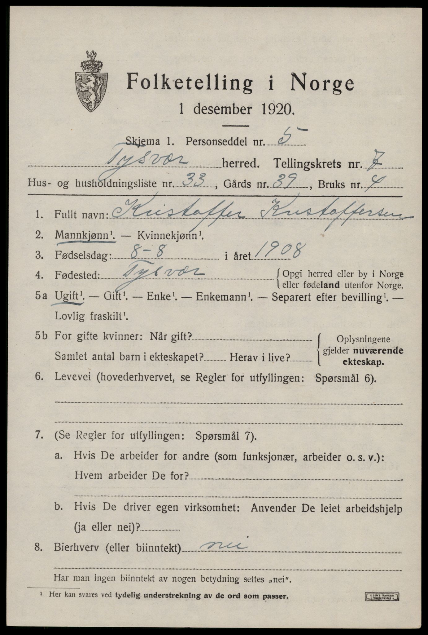 SAST, 1920 census for Tysvær, 1920, p. 2748