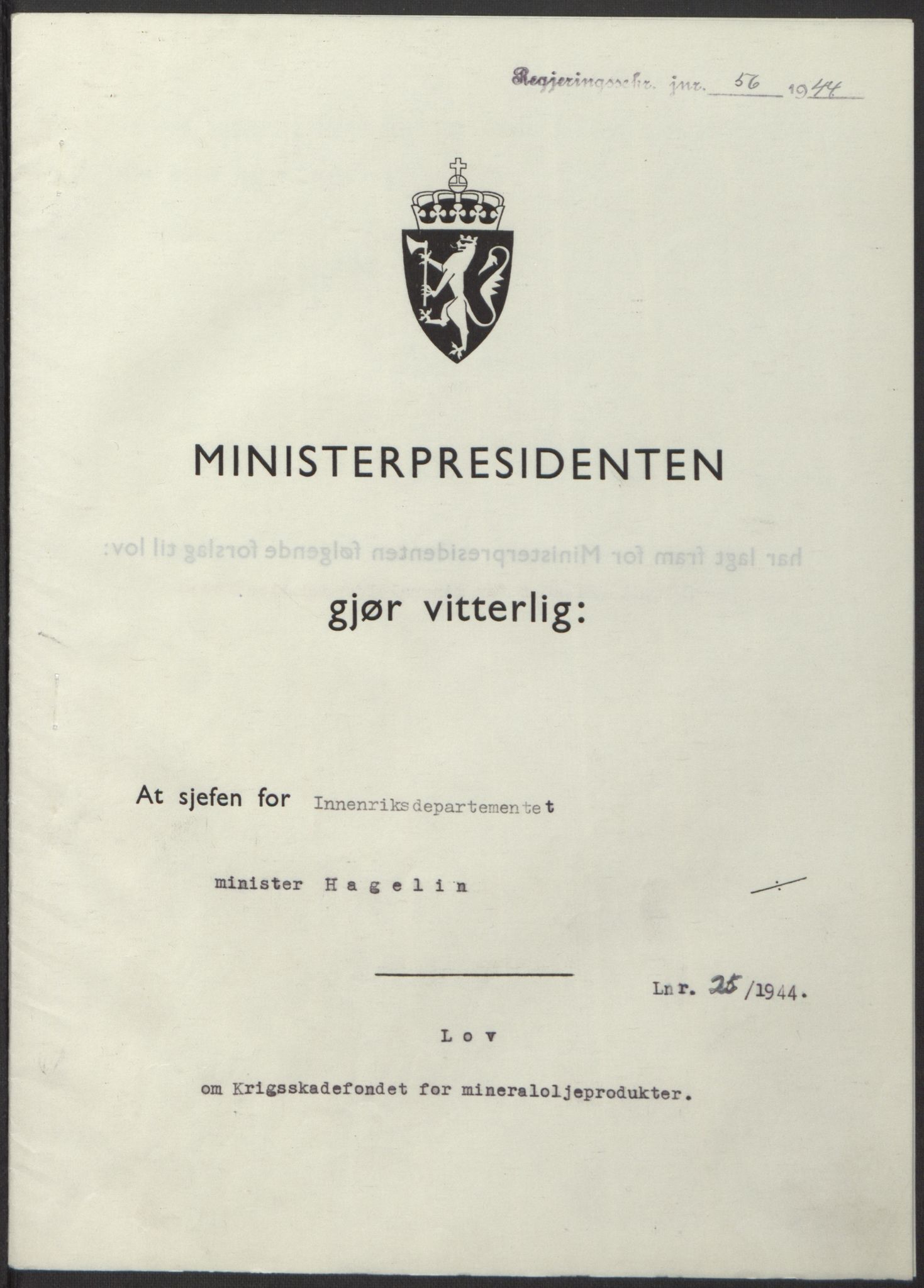 NS-administrasjonen 1940-1945 (Statsrådsekretariatet, de kommisariske statsråder mm), RA/S-4279/D/Db/L0100: Lover, 1944, p. 117