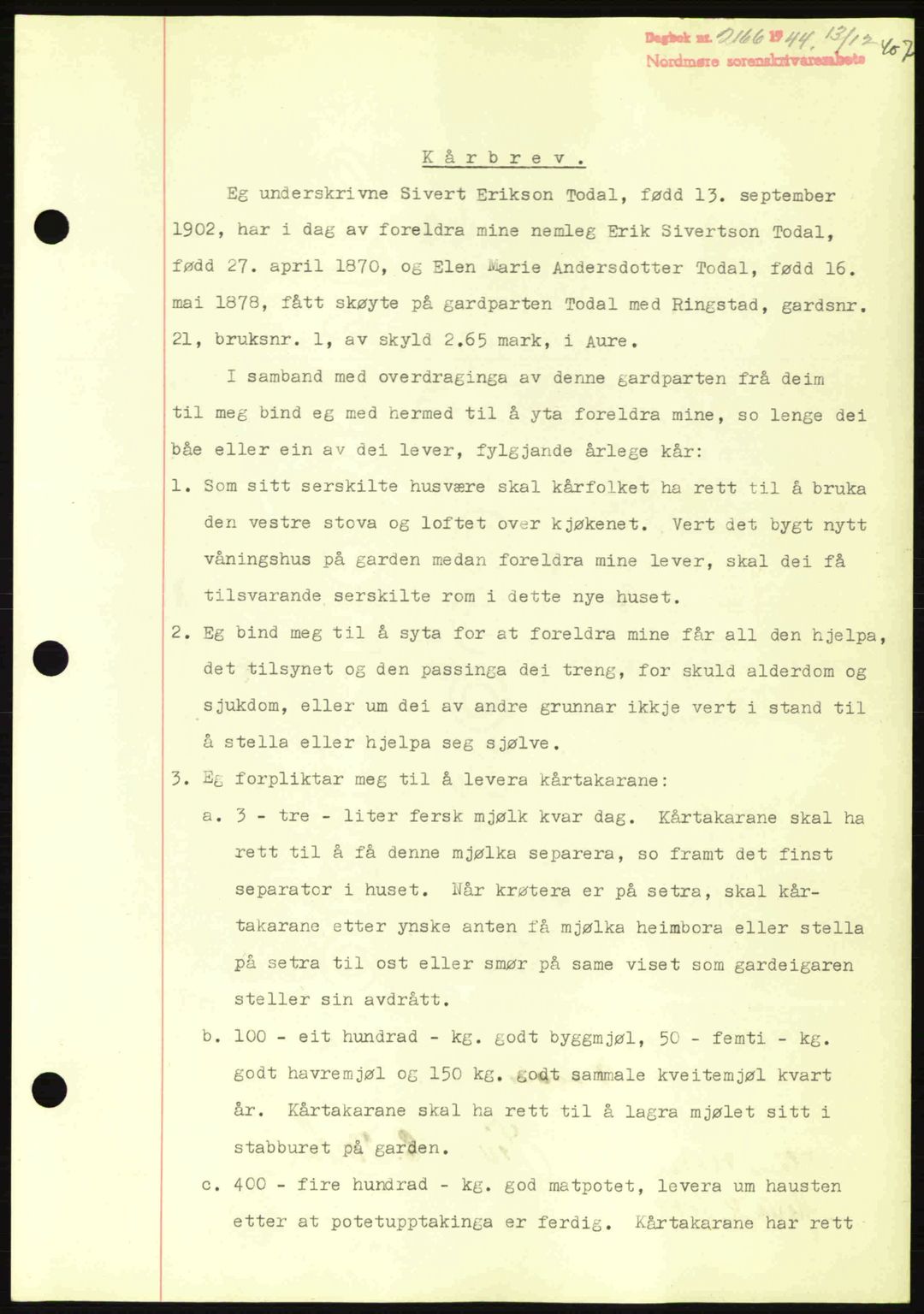 Nordmøre sorenskriveri, AV/SAT-A-4132/1/2/2Ca: Mortgage book no. B92, 1944-1945, Diary no: : 2166/1944