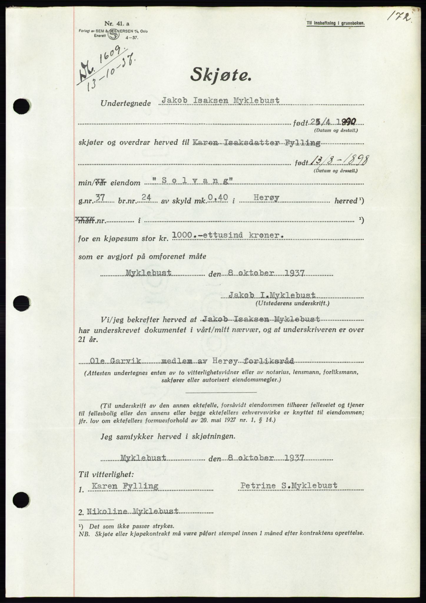 Søre Sunnmøre sorenskriveri, AV/SAT-A-4122/1/2/2C/L0064: Mortgage book no. 58, 1937-1938, Diary no: : 1609/1937