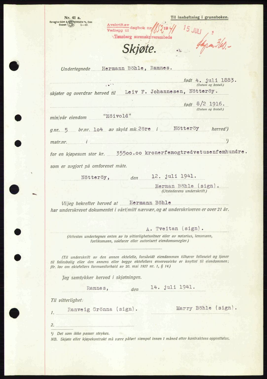 Tønsberg sorenskriveri, AV/SAKO-A-130/G/Ga/Gaa/L0010: Mortgage book no. A10, 1941-1941, Diary no: : 1852/1941