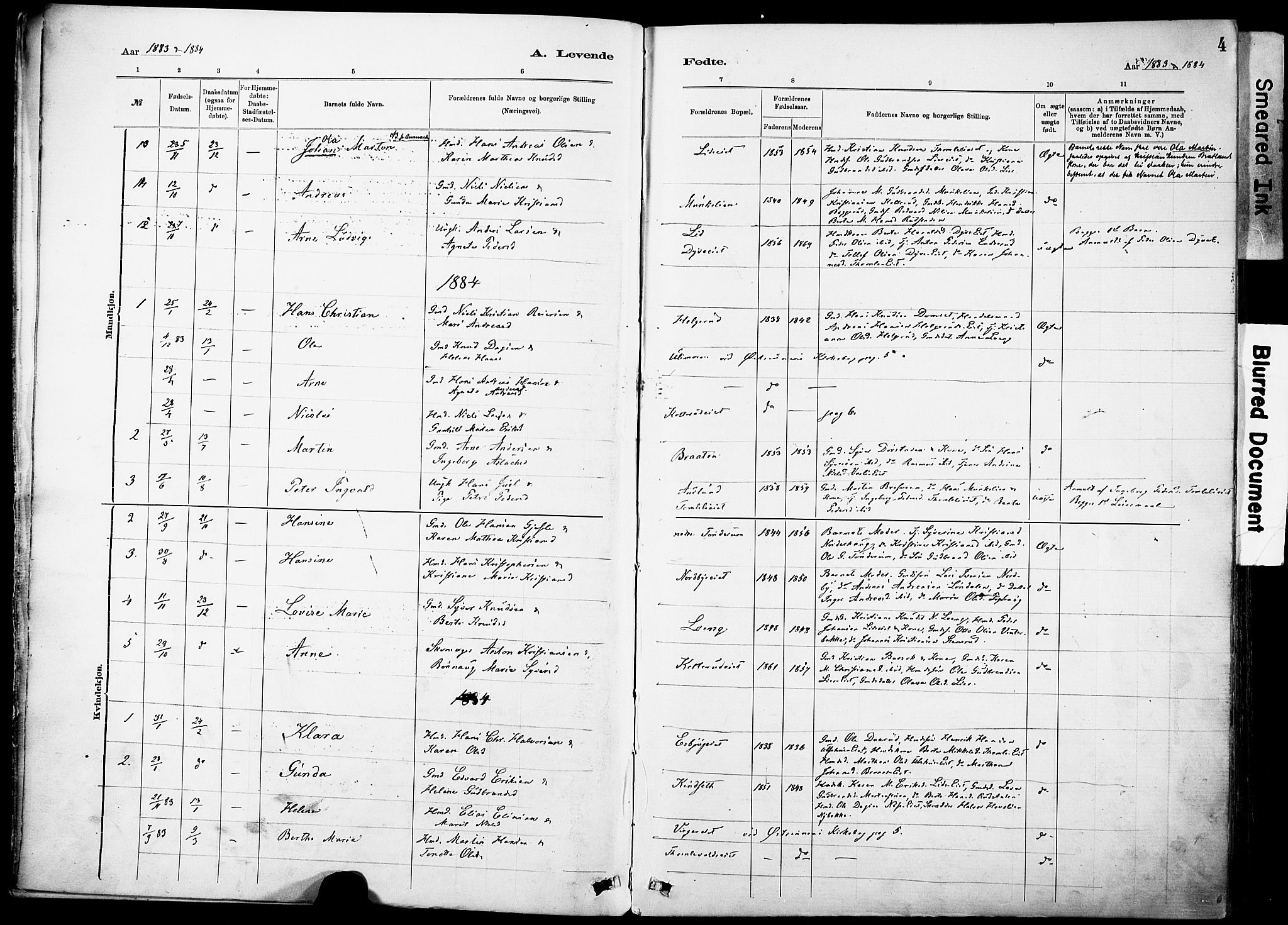 Nordre Land prestekontor, SAH/PREST-124/H/Ha/Haa/L0005: Parish register (official) no. 5, 1882-1903, p. 4