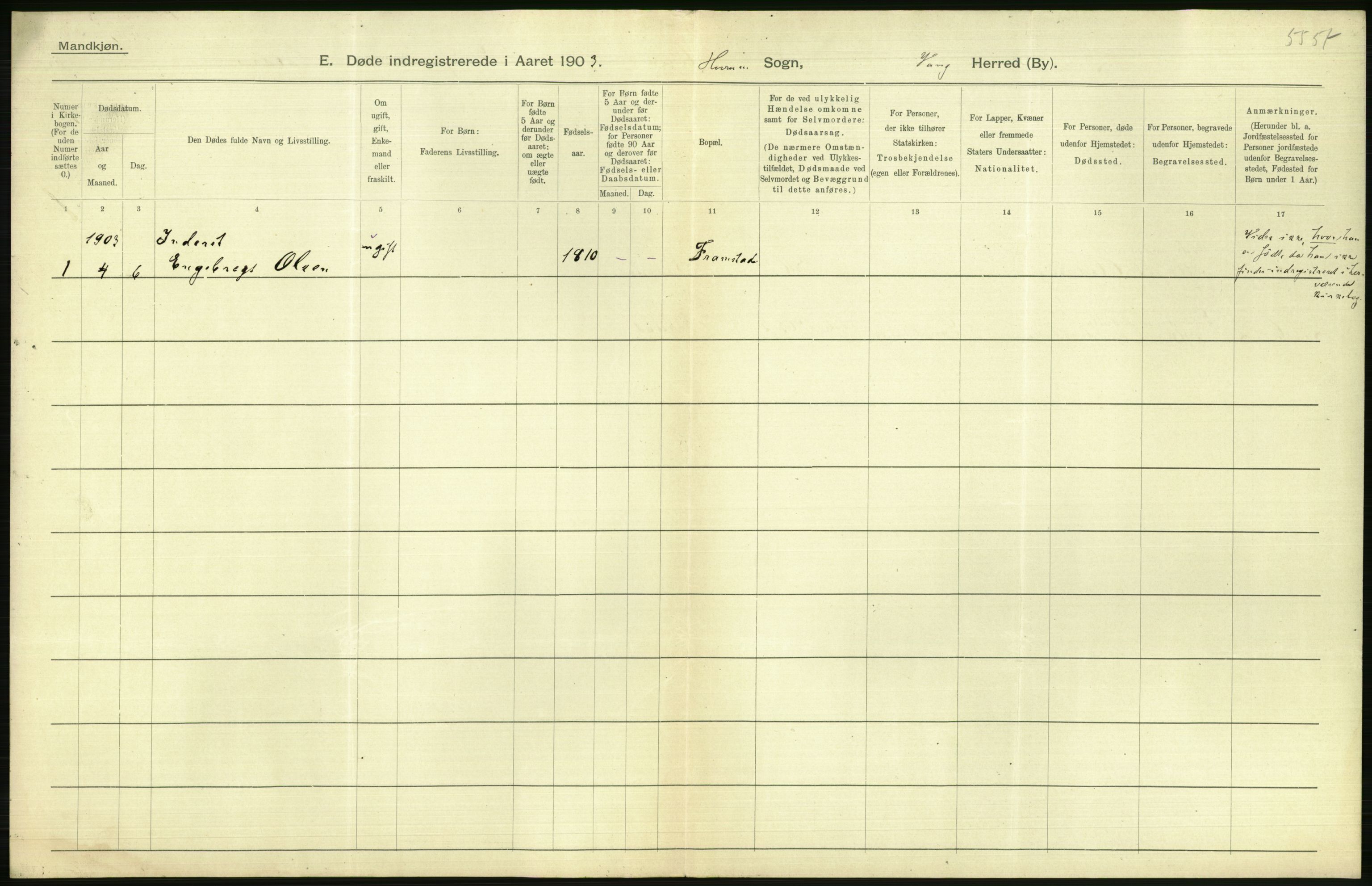 Statistisk sentralbyrå, Sosiodemografiske emner, Befolkning, AV/RA-S-2228/D/Df/Dfa/Dfaa/L0006: Kristians amt: Fødte, gifte, døde, 1903, p. 606