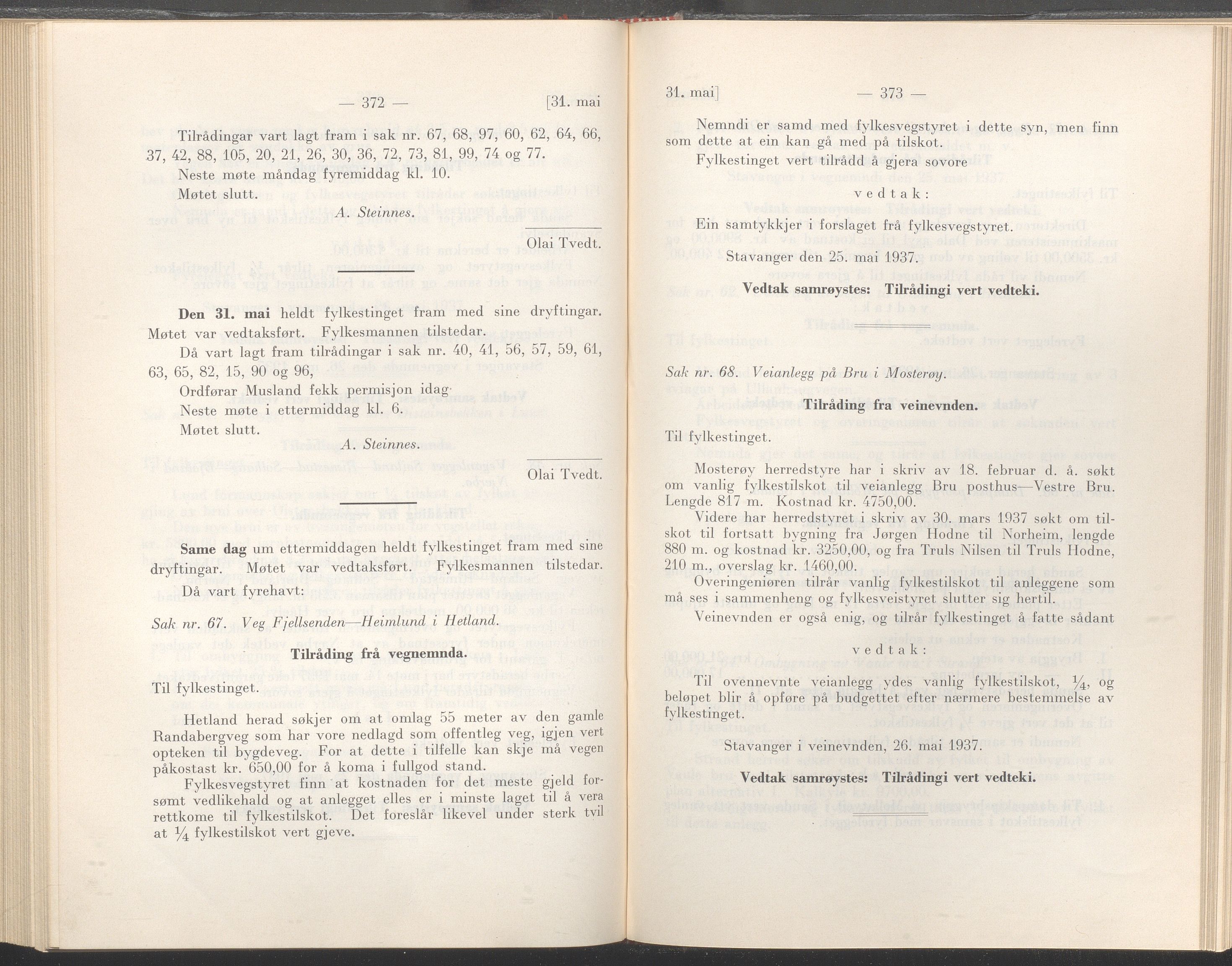 Rogaland fylkeskommune - Fylkesrådmannen , IKAR/A-900/A/Aa/Aaa/L0056: Møtebok , 1937, p. 372-373