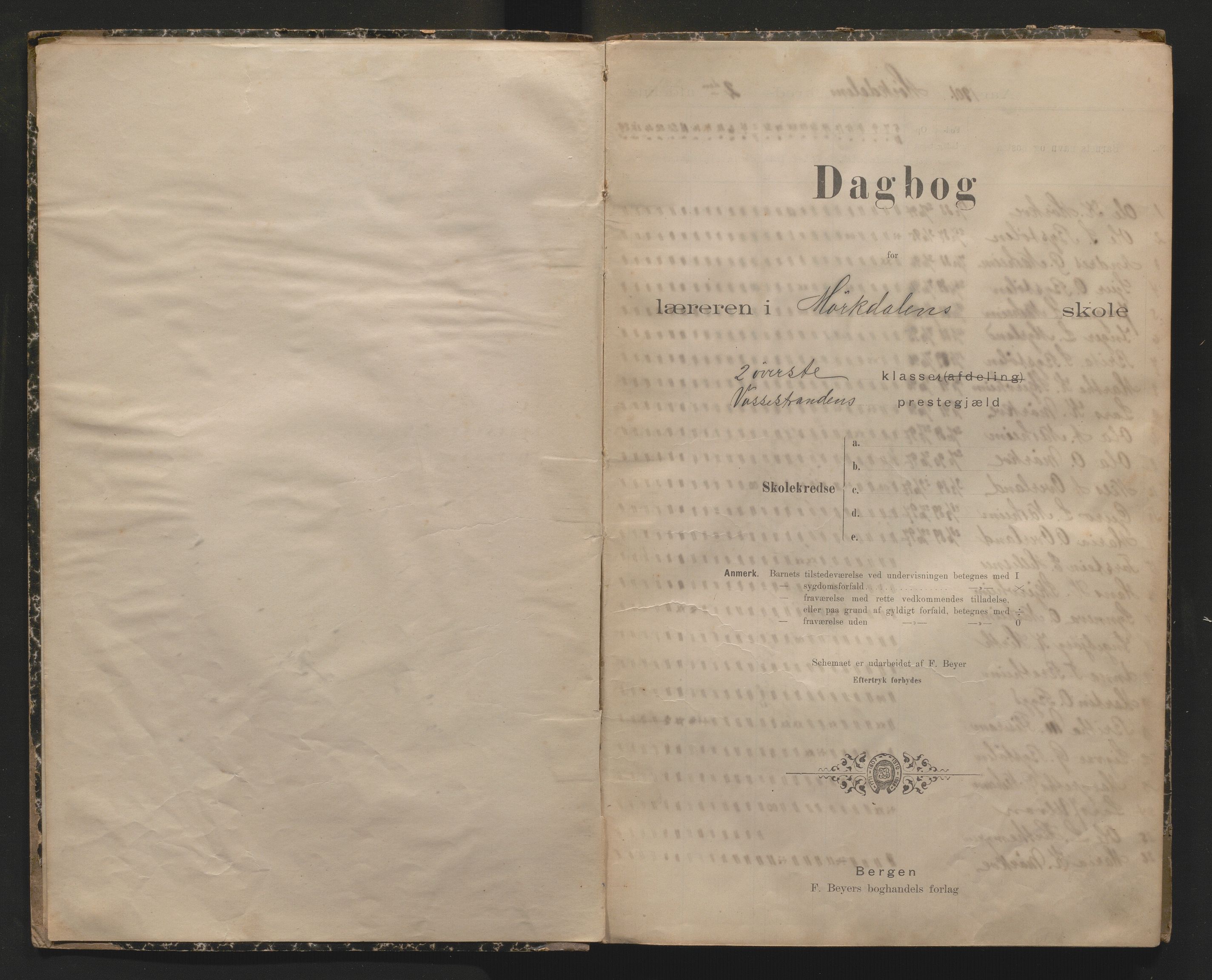 Vossestrand kommune. Barneskulane , IKAH/1236-231/G/Gd/L0004: Dagbok for Myrkdalen skulekrins m/kveldsskule m/karakterar, 1901-1905
