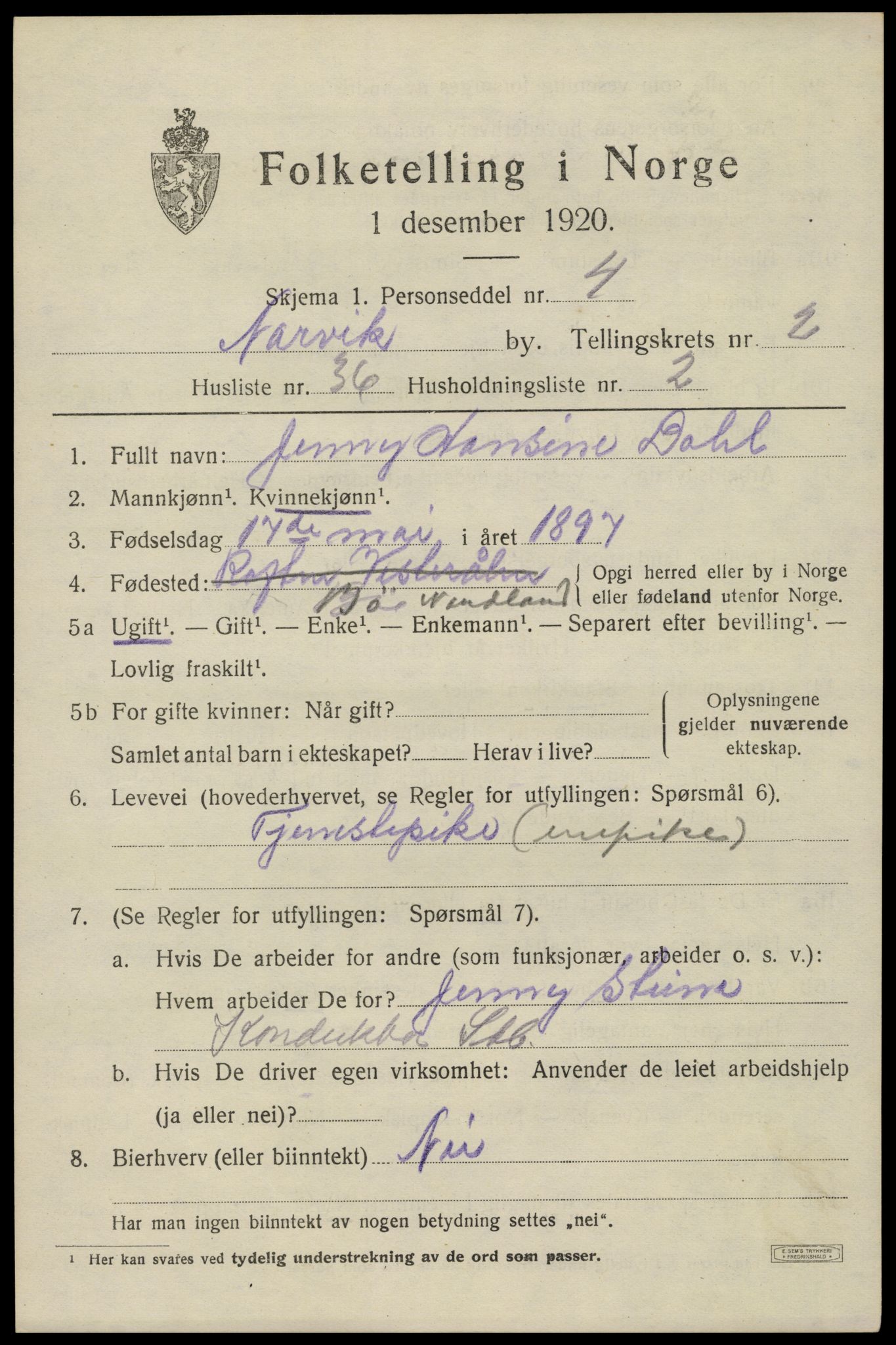 SAT, 1920 census for Narvik, 1920, p. 8780