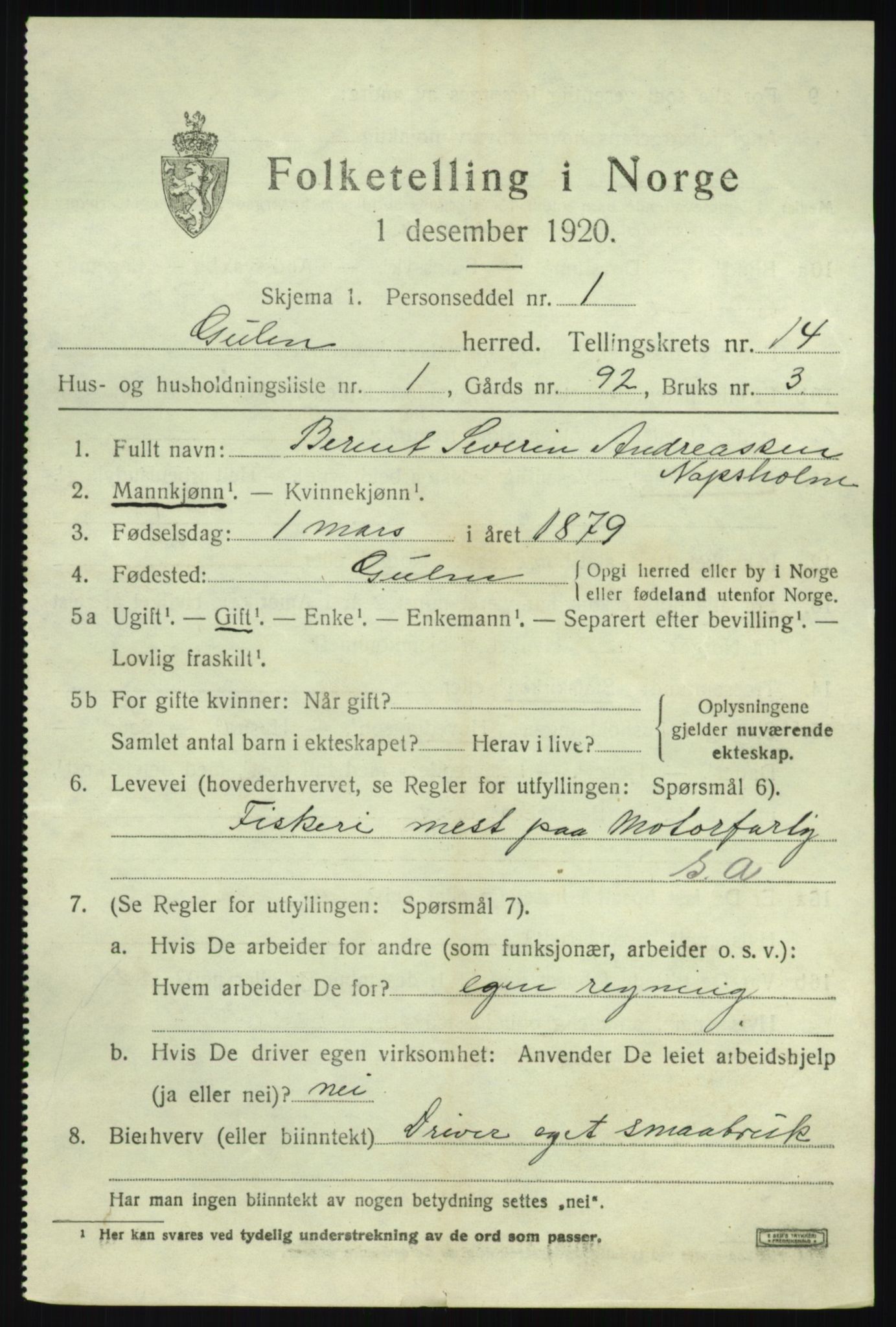 SAB, 1920 census for Gulen, 1920, p. 6195