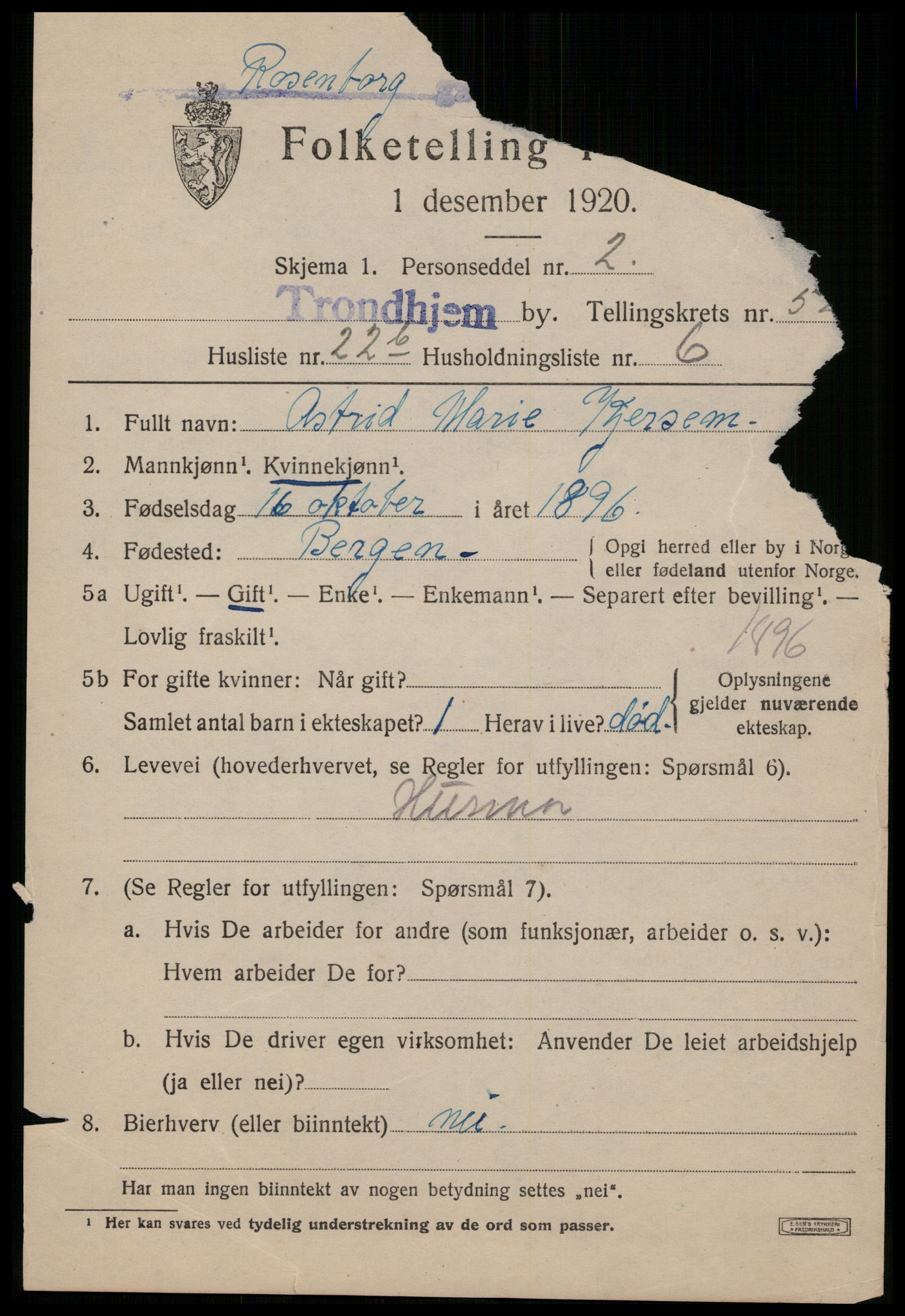 SAT, 1920 census for Trondheim, 1920, p. 107970